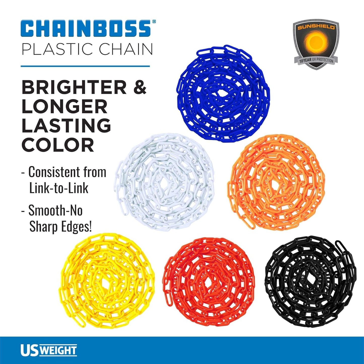 US Weight (Made in USA) 2" x 100' (5 Pack - 500’ Total) Red Plastic Safety Chain ft. SunShield UV Resistant Technology