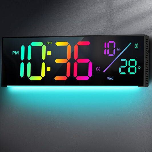 Digital Wall Clock, Large Display Digital Clock with 11 RGB Colors, Wall Clock with Night Light, Alarm Clock, Date, Week, Temp, DST for Living Room, Bedroom, Classroom Decor, Gift for Senior Mom Dad