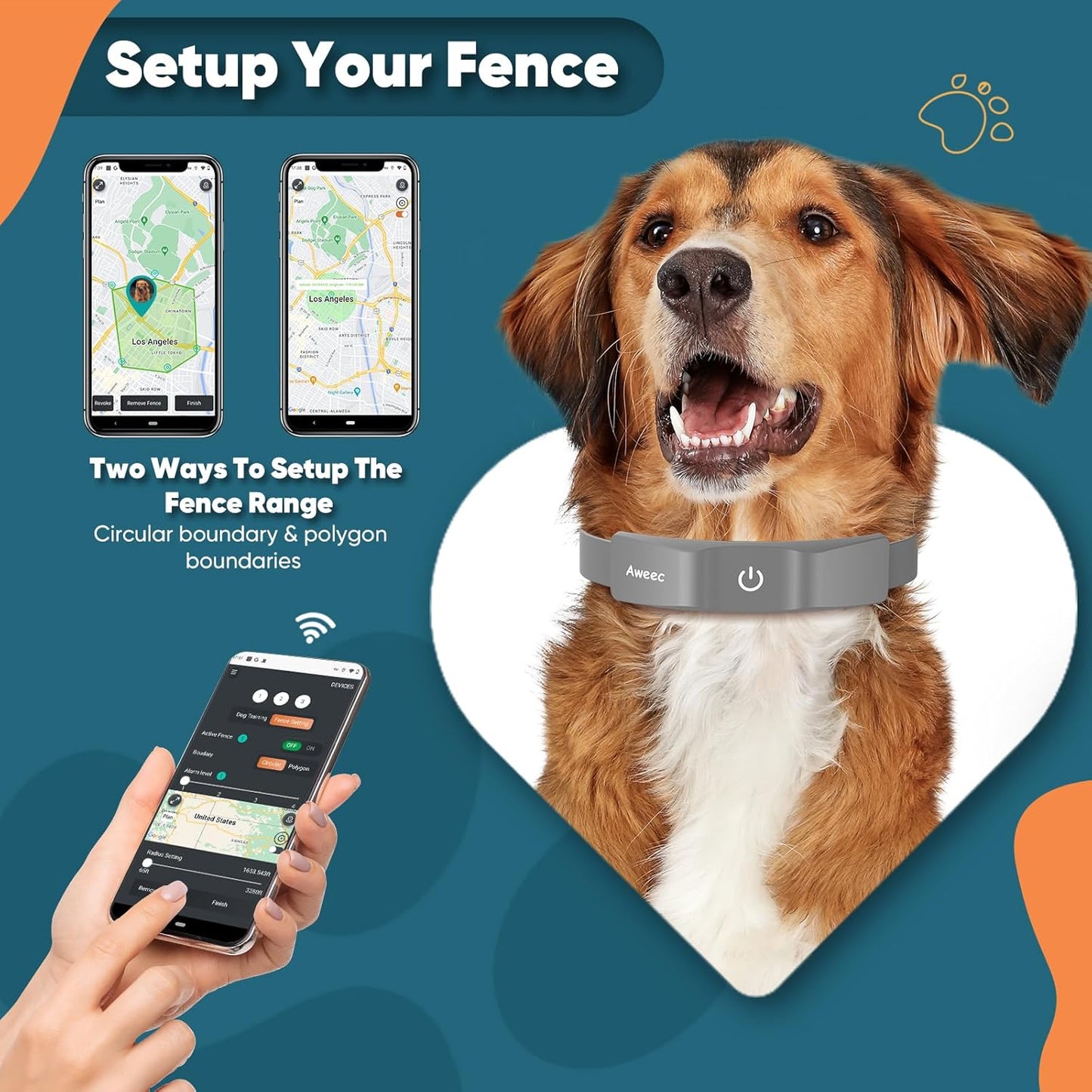 GPS Electric Dog Fence with Free App, Wireless Fence System with Training Collar, Portable Fence for Outdoor Use, Rechargeable Waterproof Flexiable Collar, Adjustable of Dogs (Gray)