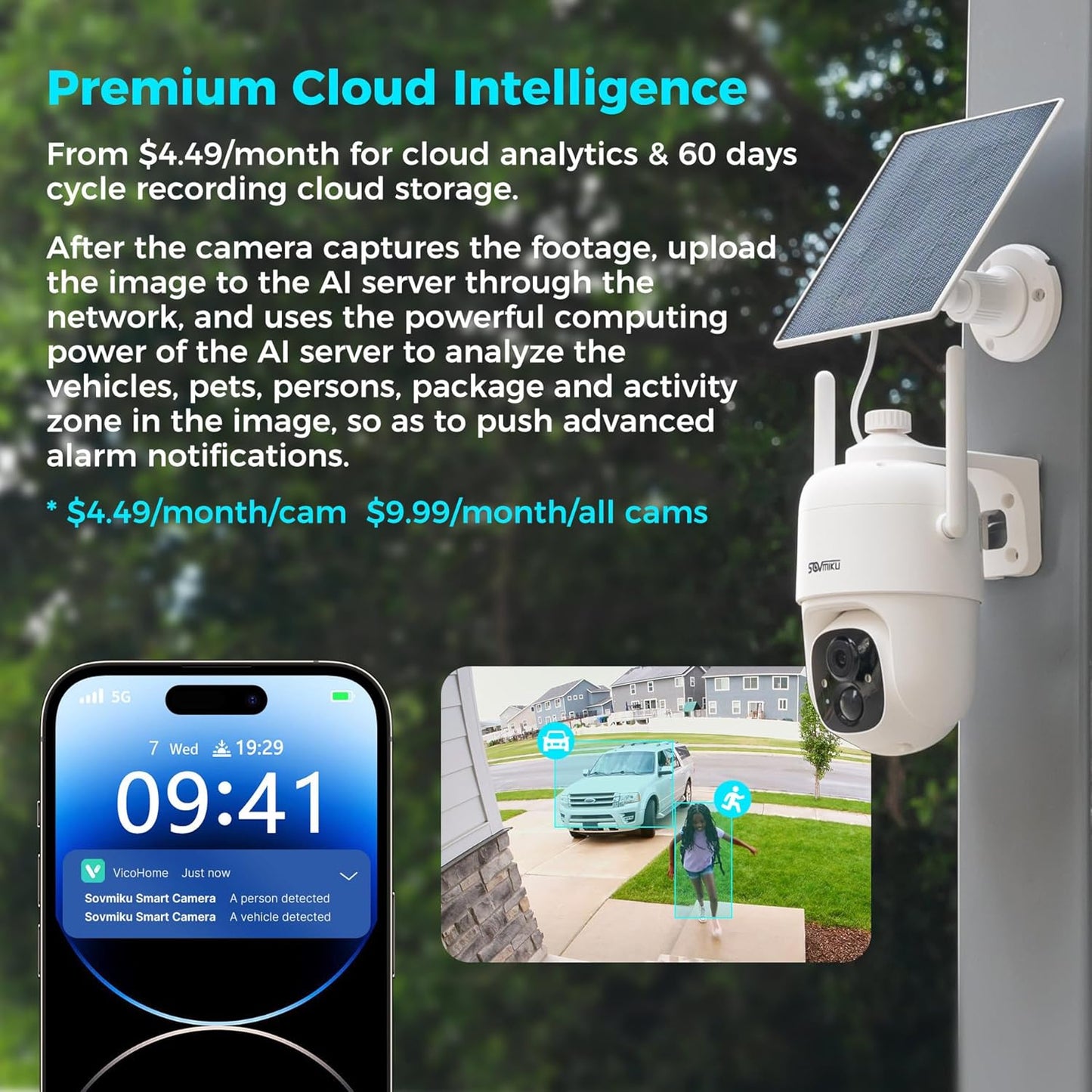 SOVMIKU 4CQ1 AI 2K Solar Security Camera Wireless Outdoor, Battery Powered, Two Way Audio, PIR Motion Detection, 360° View Pan/Tilt,Easy to Setup, Color Night Vision, Audible Flashlight Siren,SD Slot
