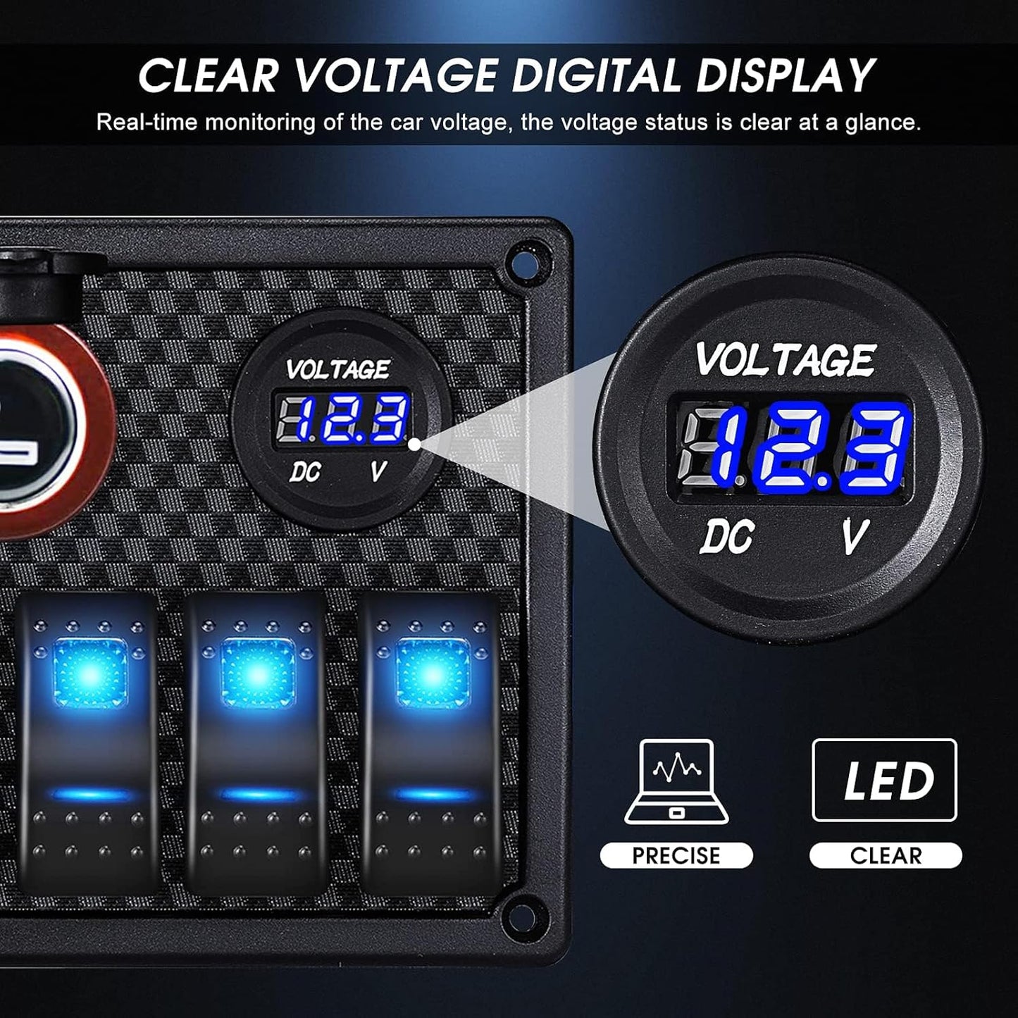 MKING Marine Switch Panel - 8 Gang Waterproof Rocker Panel With Circuit Breaker, USB & Type-C Charger, Digital Voltmeter, Cigarette Socket, 12V Blue LED