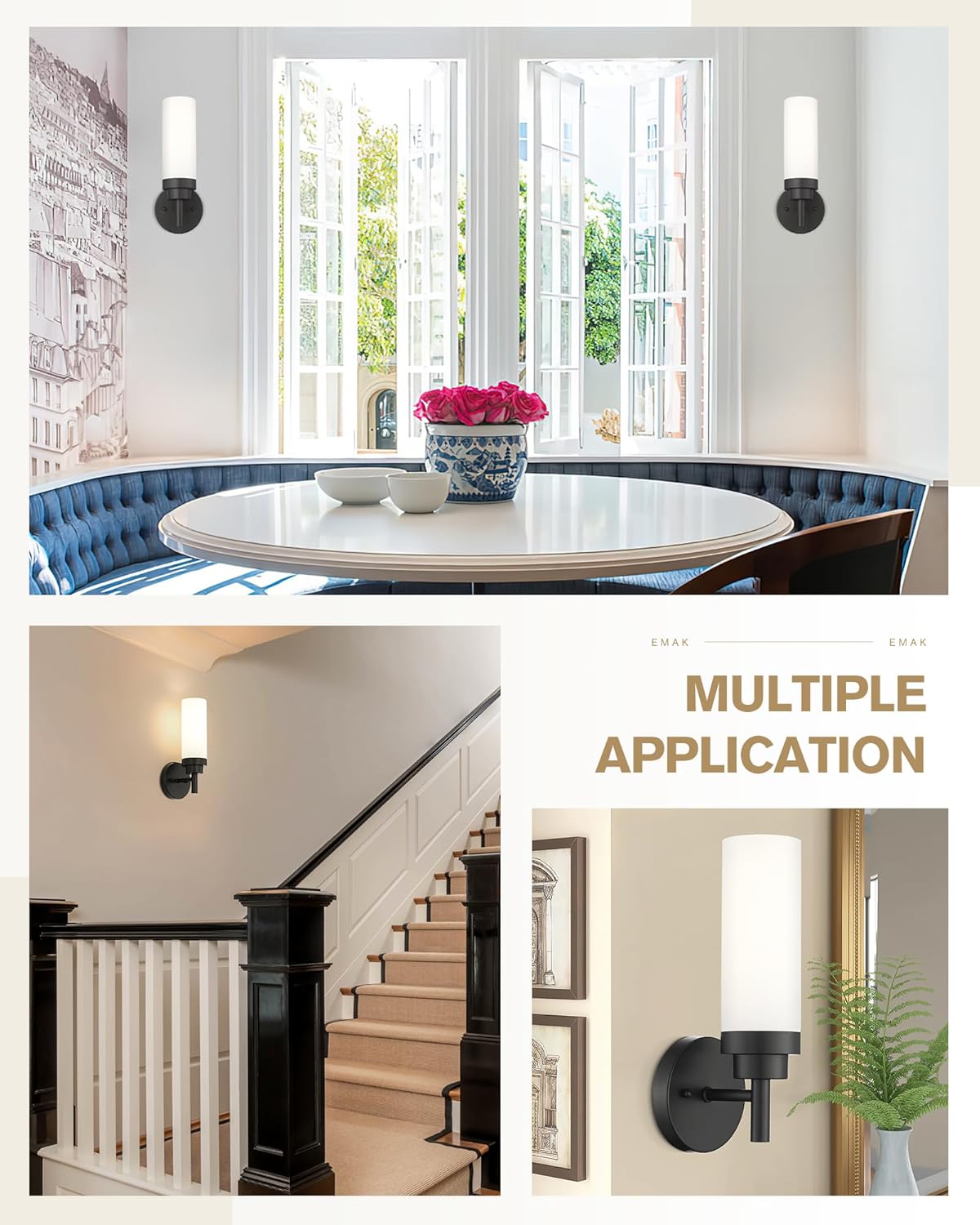 Emak Modern Wall Sconce Set of 2, Black Bathroom Light Fixtures with Milk Glass Shade, Farmhouse Wall Lamp for Bathroom, Bedroom, Living Room, Hallway, WS085-BK-ML-2PK