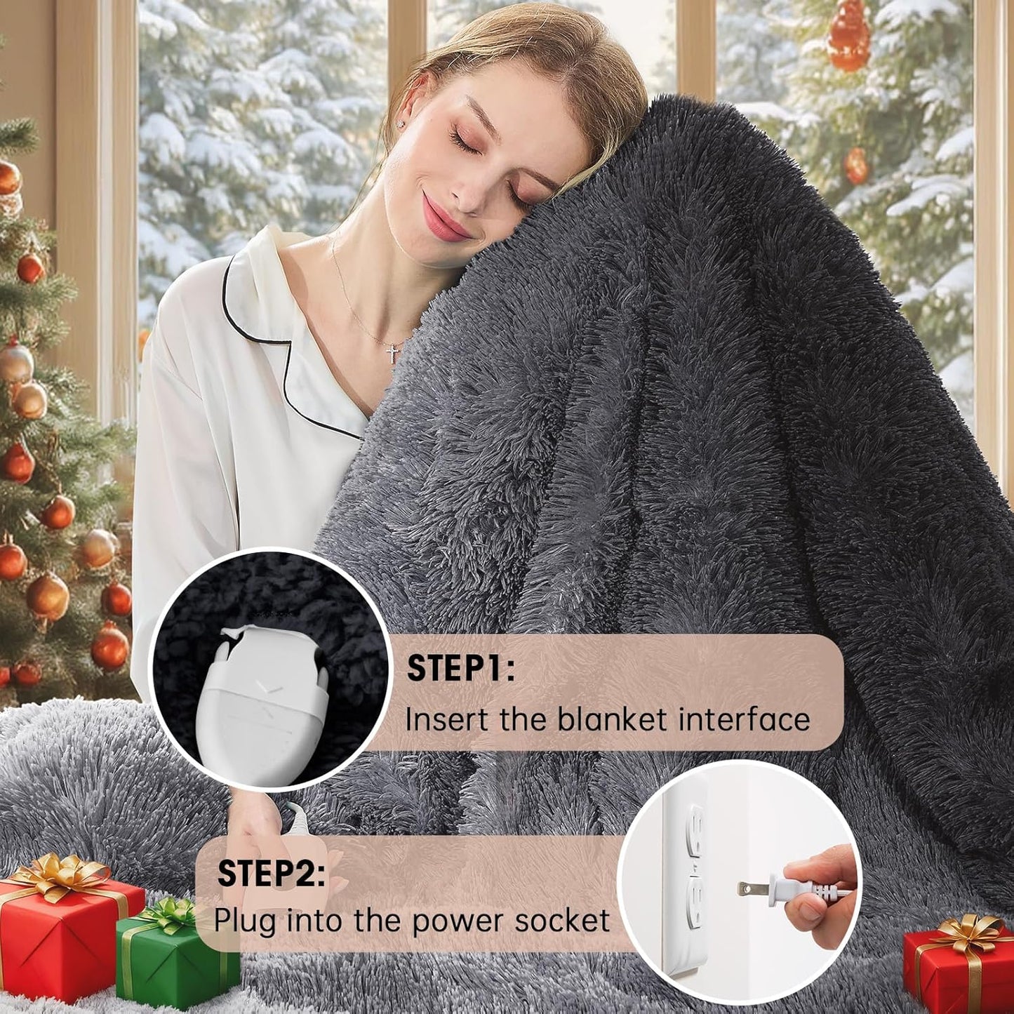 Heated Electric Blanket Throw–Faux Fur with Soft Thick Sherpa,Warm Winter Birthday Gifts for Women Grandma，10 Heat Settings,5 Time Settings with Fast Heating, 50x60, Midnight Black