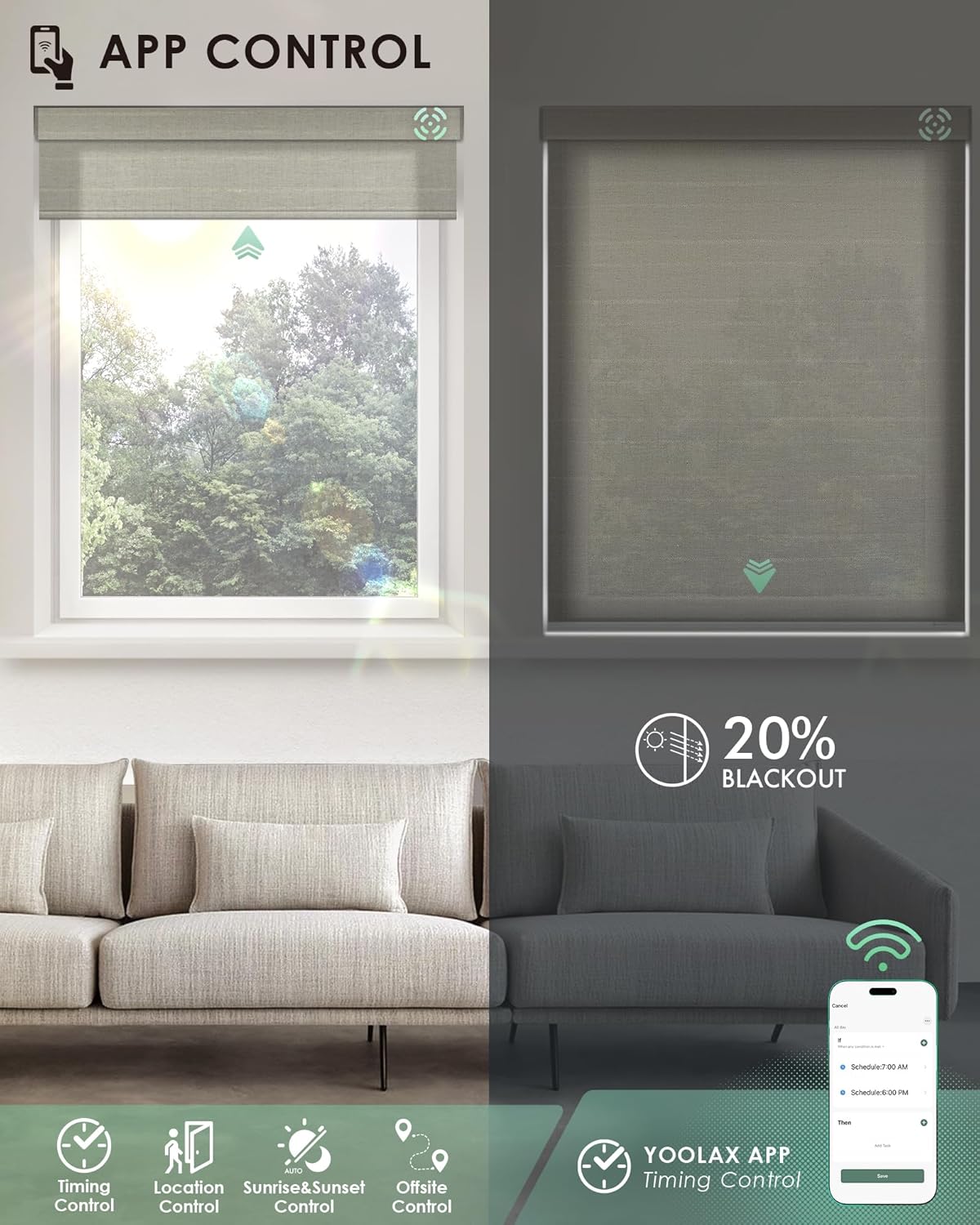Yoolax Motorized Blinds with Remote, Light Filtering Smart Blinds Compatible with Alexa Google Home, Automatic Shades for Windows Living Room, Custom Size(20% Blackout V-Woven Dune)
