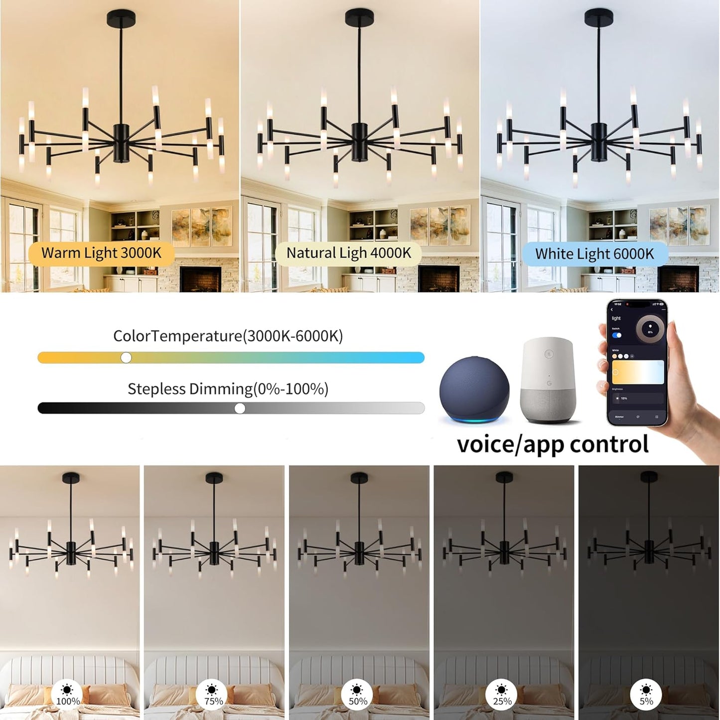 Modern Sputnik Chandelier Mid Century Black Chandeliers for Dining Room Living Room Kitchen Bedroom Support APP Voice Control Dimmable Smart LED Light Fixture(GB1337YY20-BK)