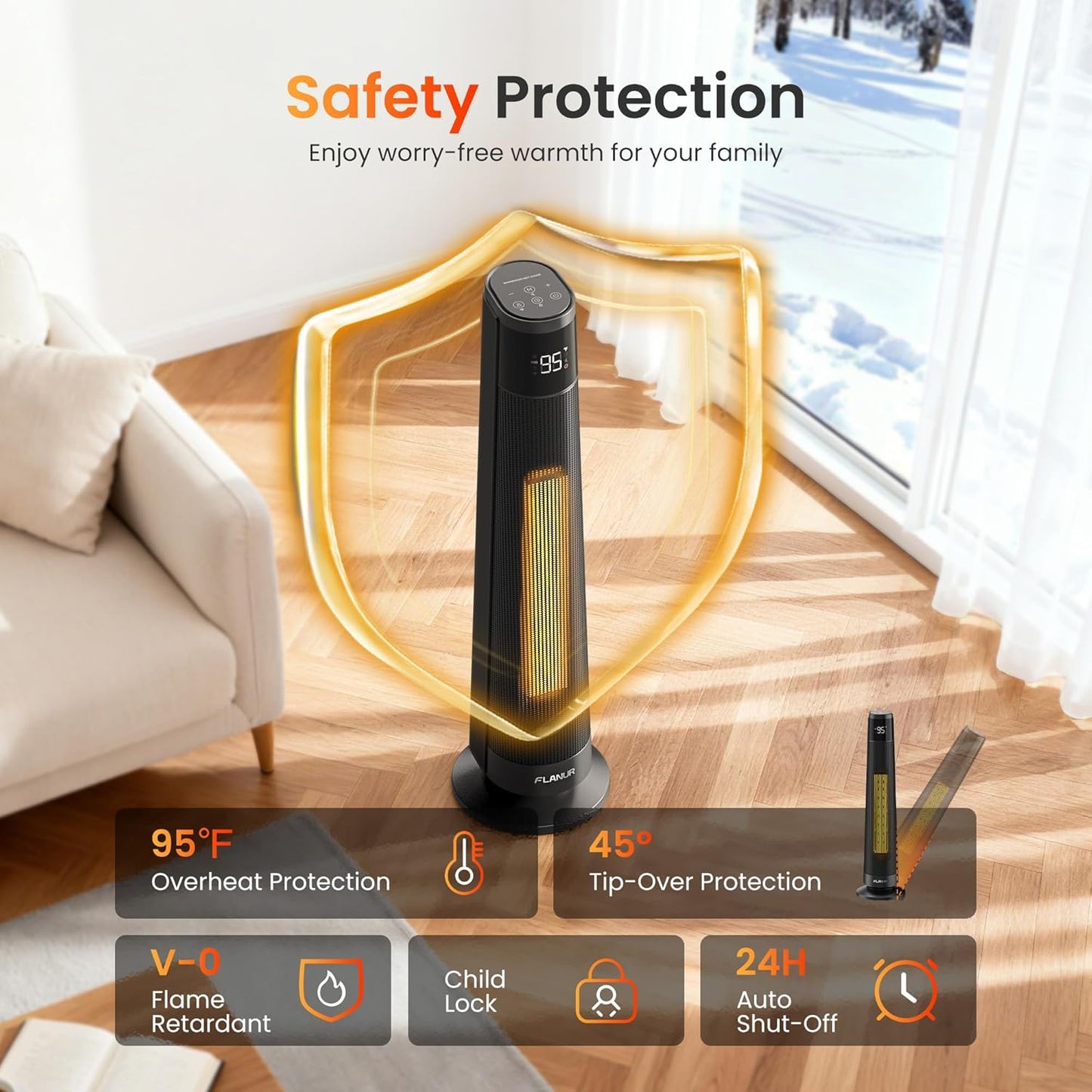 1500W PTC Ceramic Smart Space Heaters for Indoor Use, Portable Heater with Remote & App Control for Large Room, Office, ECO Modes, Safety Protection, 70° Oscillation, 12H Timer, Black, 1 Pack