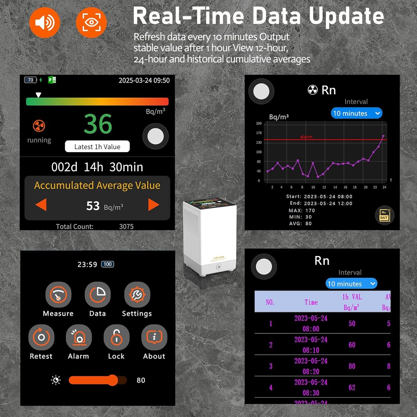 RM-73 Radon Detector, Home Radon Monitor with Touchscreen LCD Color Display, Radon Detector for Home Basement Audible & Visual Alarms, Historical Records, Long Term Monitoring Detector, pCi/L or Bq/m³