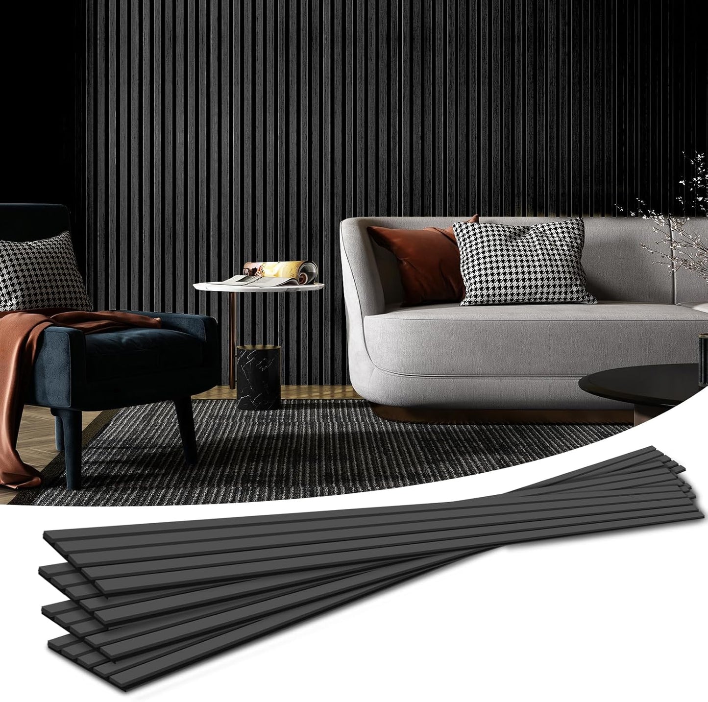 Art3d 4-Piece Wood Slat Acoustic Panels for Stylish Decor and Noise Reduction, 3D Textured Panel for Ceiling and Wall, Matte Black