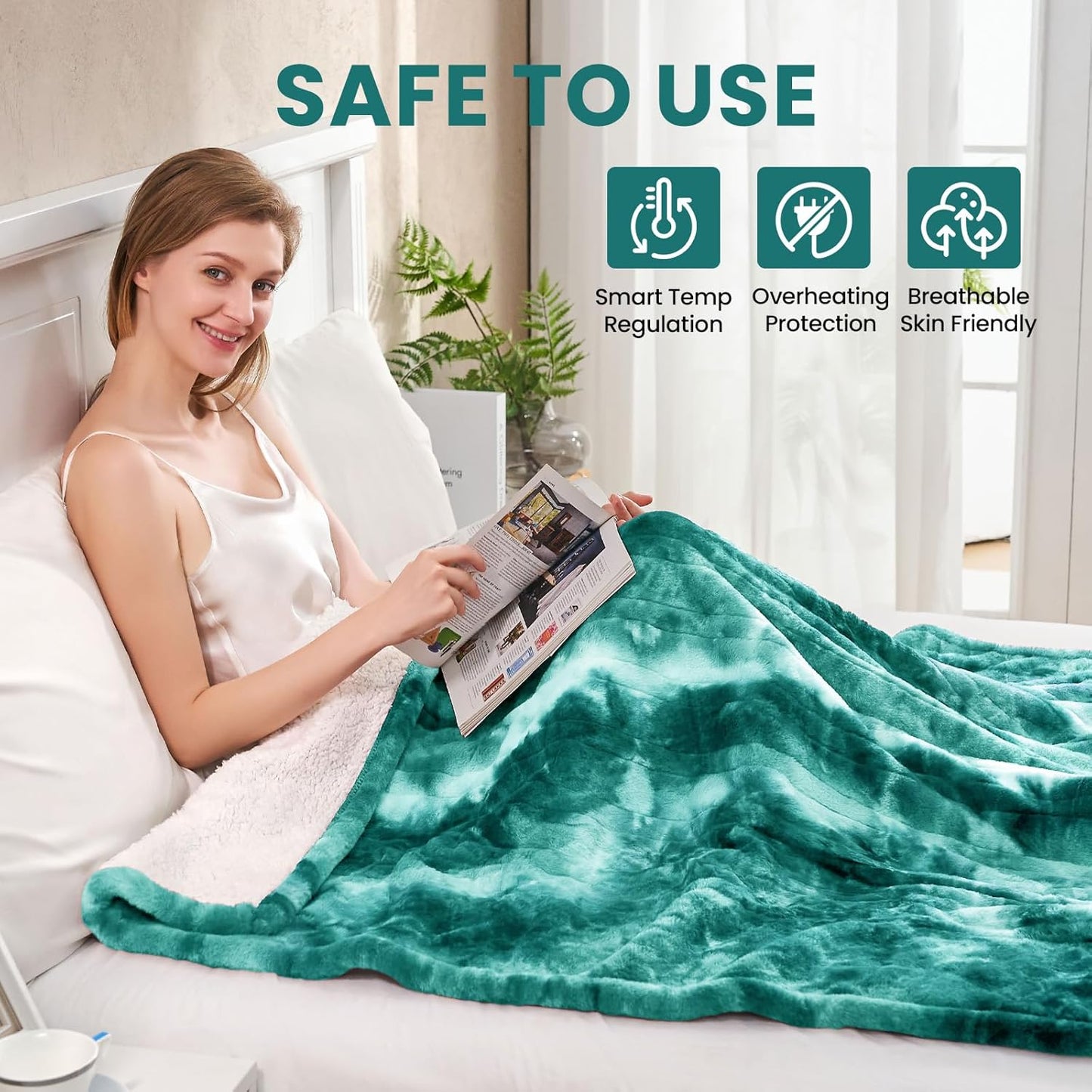 Electric Heated Blanket 62"x84", Luxury Green Twin Faux Rabbit Fur Electric Blanket, Fast Heating Soft Fluffy Thick Electric Blanket with 6 Heating Levels & 12H Auto Off