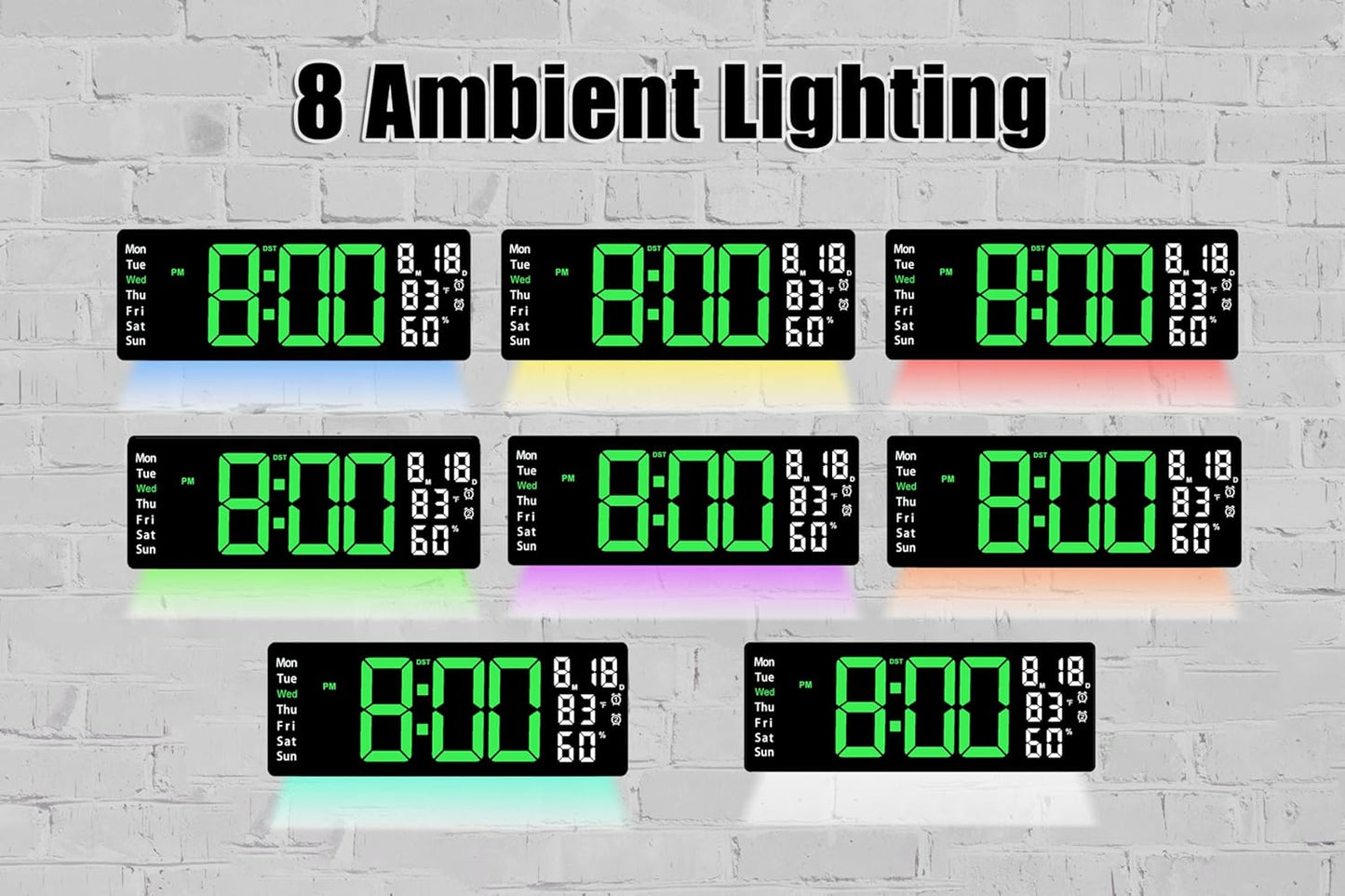 17.5 Inch Green LED Digital Wall Clock with 8 Ambient Light Colors｜Displays Time,Date,Day,Temperature&Humidity,Dual Alarms,Countdown&Stopwatch,DST,10-Level Auto/Manual Brightness｜Modern Silent Clock