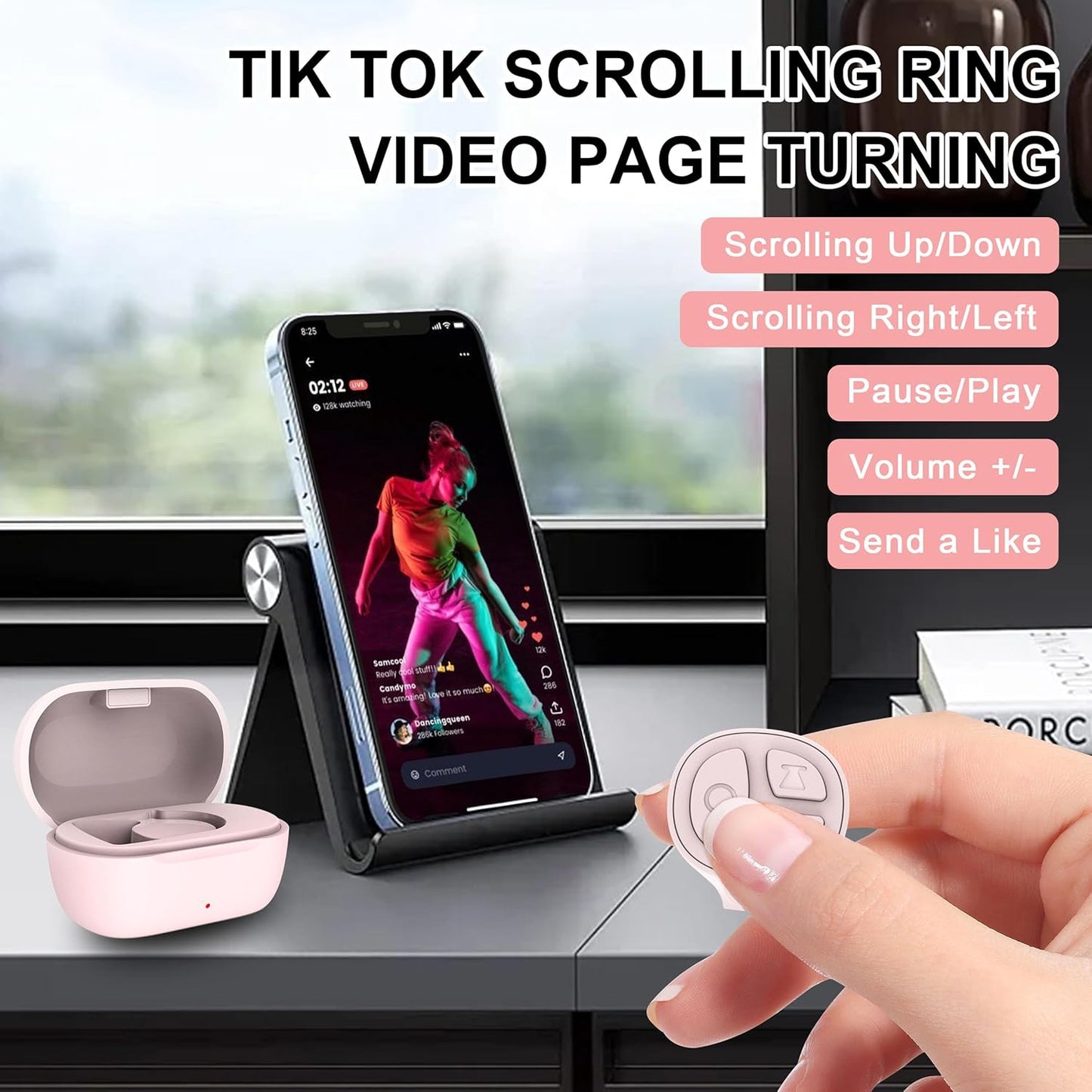 Tiktok Scrolling Ring for iPhone, Bluetooth Camera Remote Control, Remote Control for TIK Tok Scrolling Ring for iPhone, Android (Baby Pink)