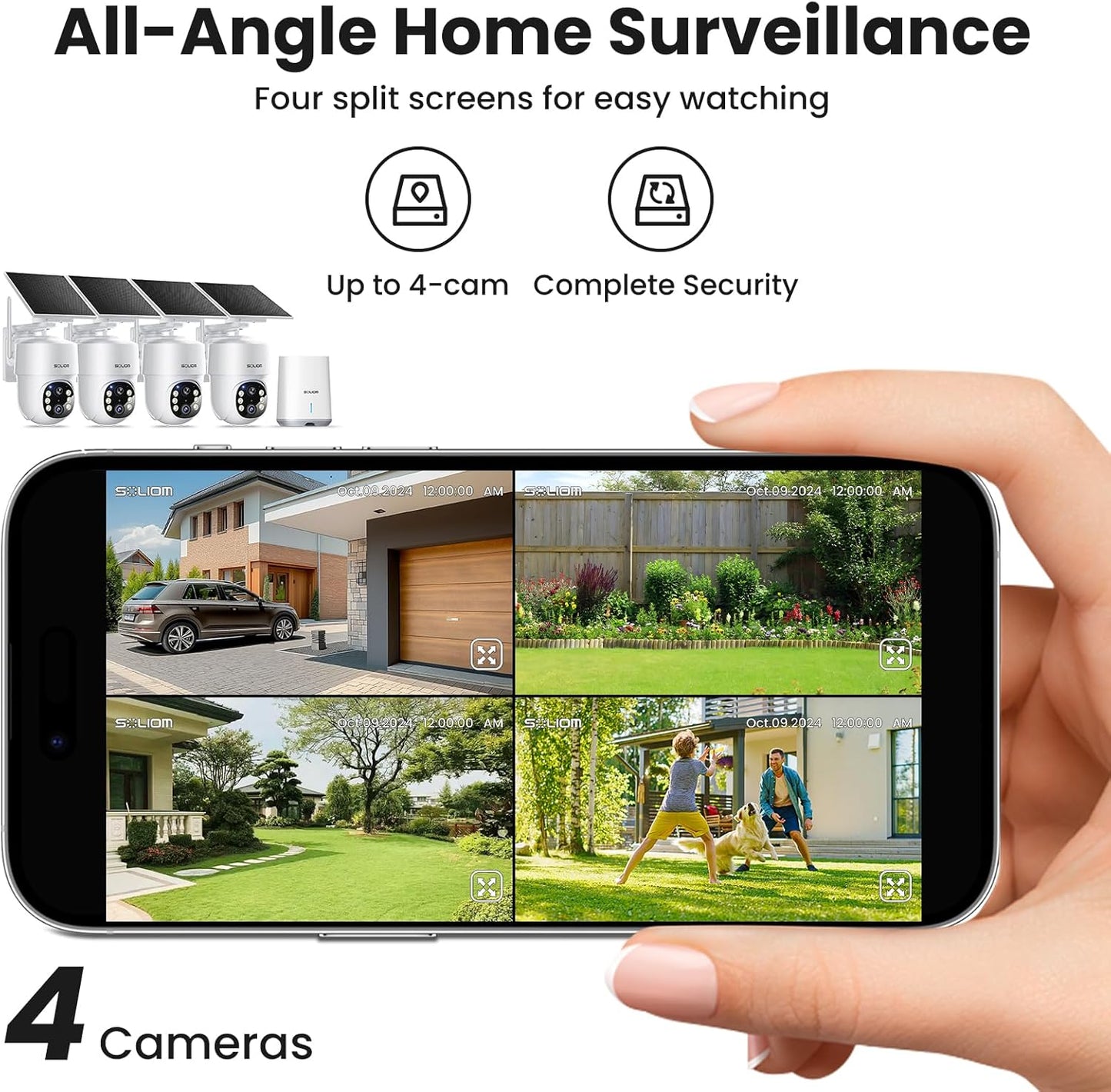 SOLIOM- 5MP Security Cameras Wireless Outdoor, No Subscription,4-Cam Pack, Solar Powered Home Security Camera with 360° Auto Tracking, Pan & Tilt, 3K Color Night Vision,5G & 2.4G Router Compatible
