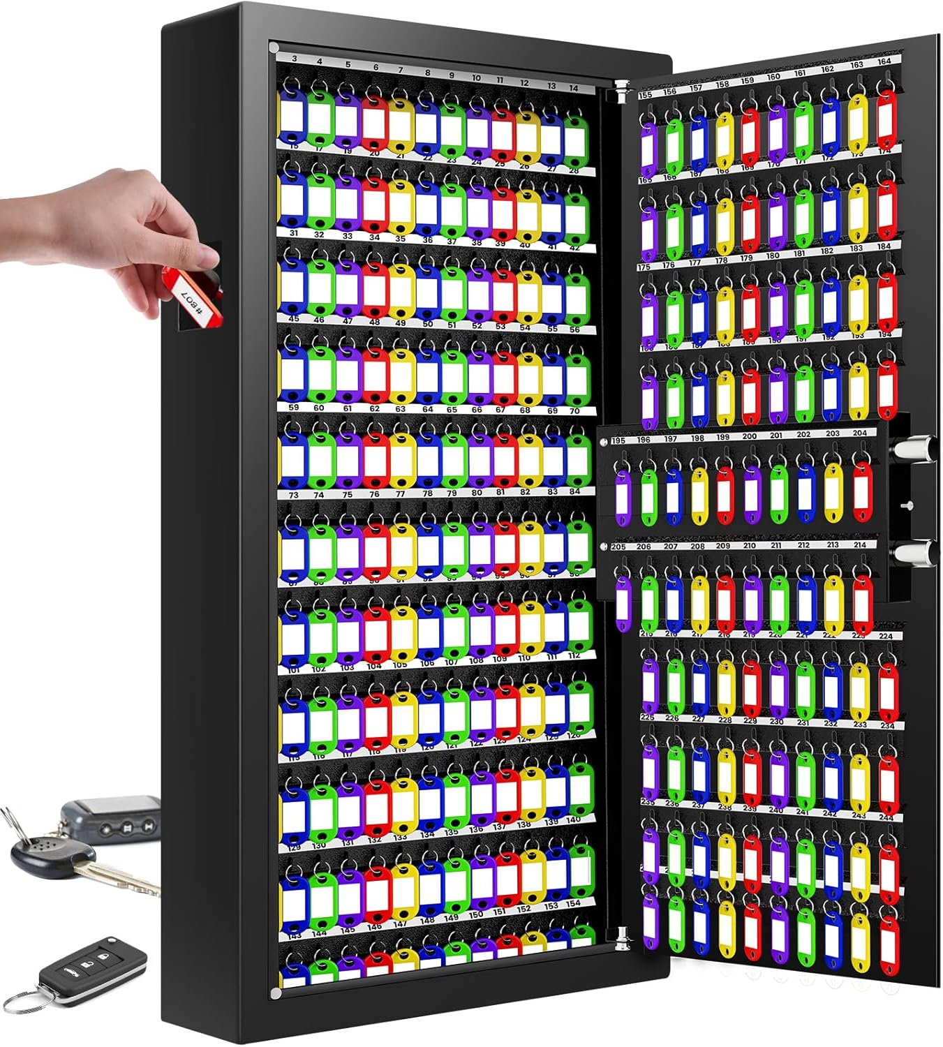 254 Keys Digital Key Lock Box Wall Mount with Code, Heavy Duty Anti-Theft Key Lock Box with Side Drop Slot and Colorful Key Tags for Car Garage House Rental Office