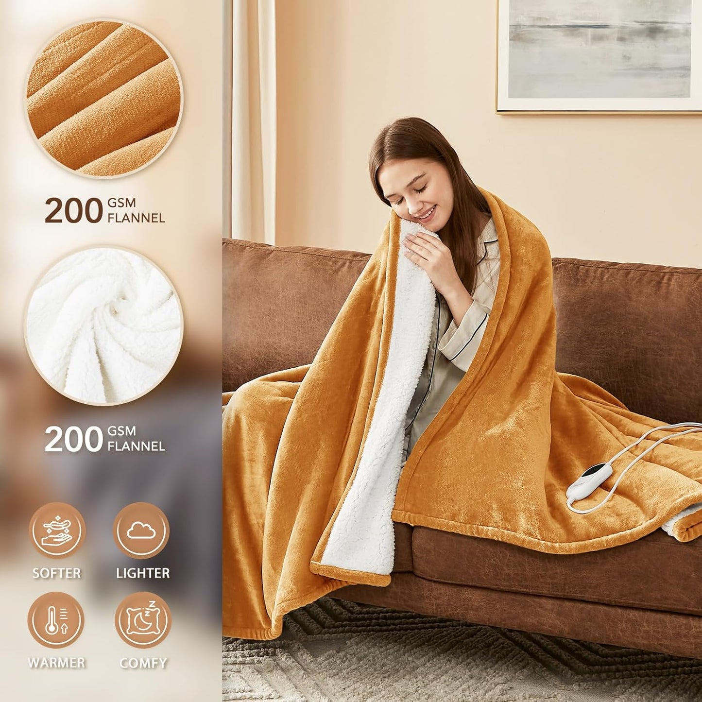 Homemate Electric Heated Blanket Queen Size - 84"x90" Heating Blanket Queen Size Dual Control 1/2/4/6/8 Hours Auto-Off 10 Heat Level Over-Heat Protection Flannel Sherpa ETL Certification
