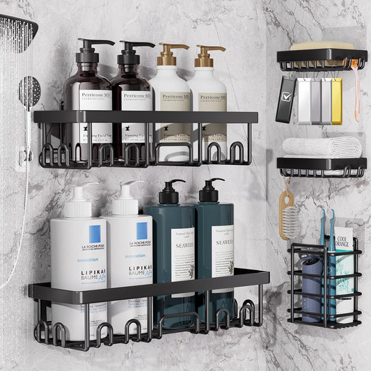 Veken 5-Pack Rustproof & Waterproof Shower Caddy 5-Pack, No Drilling Adhesive Corner Shower Shelves, Rack For Inside Shower, Large Bathroom Organizer Storage Accessories, Ideal for Home&Kitchen, Black