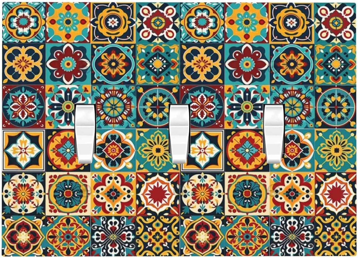 Decorative Switch Plates Mexican Talavera Colorful Mosaic Tiles 3 Gang Wall Plate Triple Toggle Light Switch Cover Faceplate Electrical Wall Panels For Bathroom Kitchen Decor