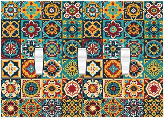 Decorative Switch Plates Mexican Talavera Colorful Mosaic Tiles 3 Gang Wall Plate Triple Toggle Light Switch Cover Faceplate Electrical Wall Panels For Bathroom Kitchen Decor