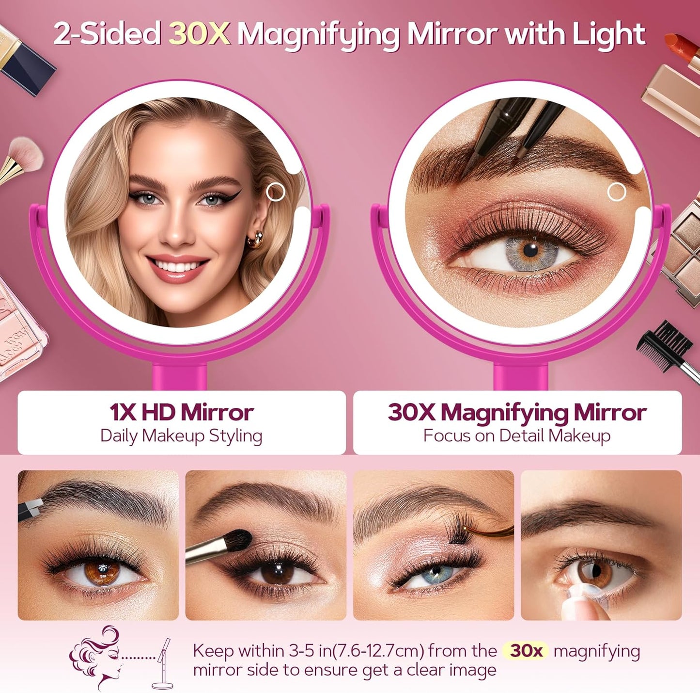 B Beauty Planet Makeup Mirror with Lights, Lighted Magnifying Mirror 30X with 3 Lighting and Adjustable Brightness, 2-Sided Height Adjustable Vanity Mirror for Bathroom, Gifts for Women Hot Pink