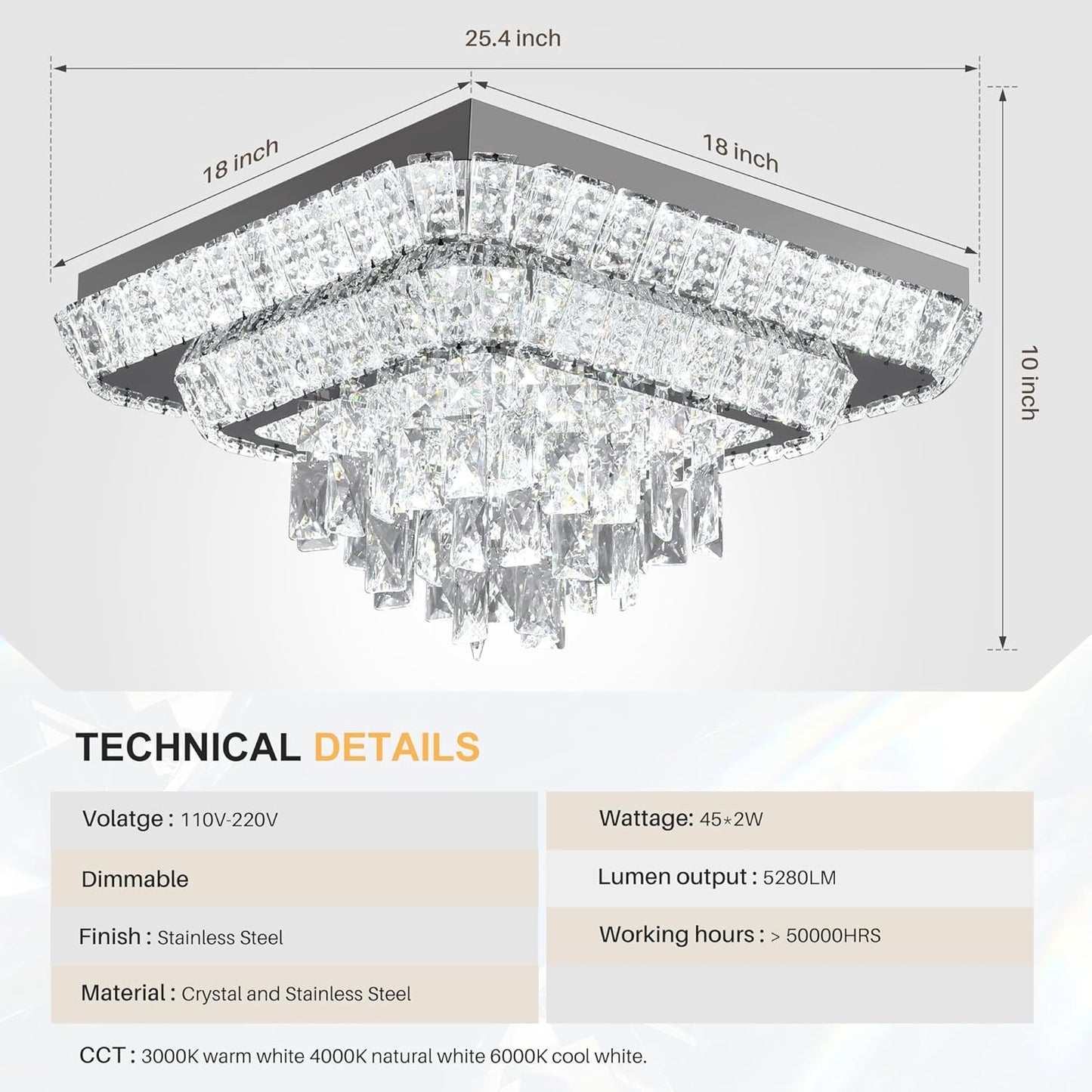 Elegant LED Crystal Raindrop Ceiling Light,18in Square Flush Mount Chandelier with Remote for Living Room Kitchen Island Bedroom Hallway Entryway Foyer (Dimmable)