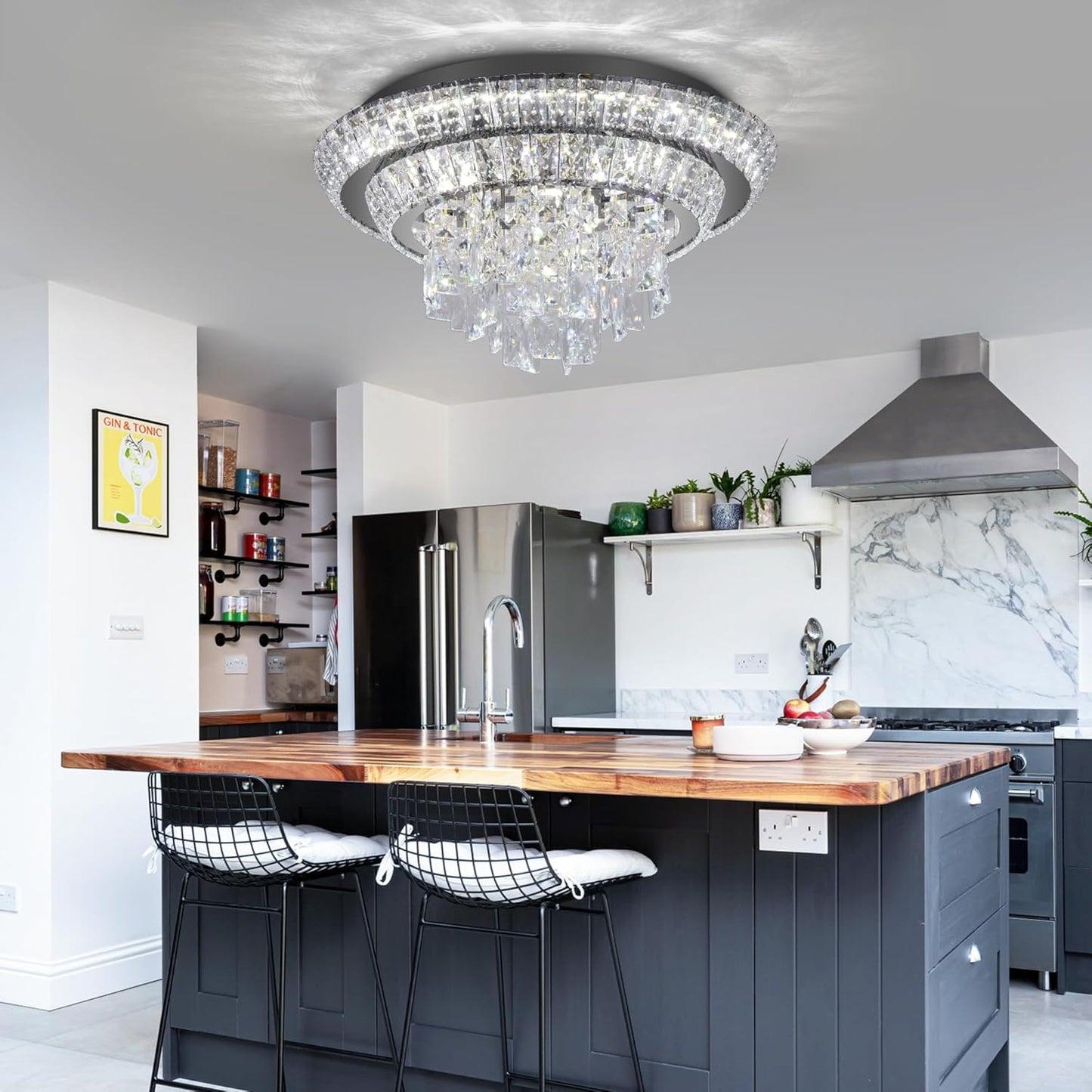 18 inch Crystal Black Ceiling-Light Flush Mount with Remote and APP Control, 3CCT Dimmable & Brightness Adjustable, Modern Crystal Raindrop Chandeliers for Bedroom Hallway Dinning Room Living Room