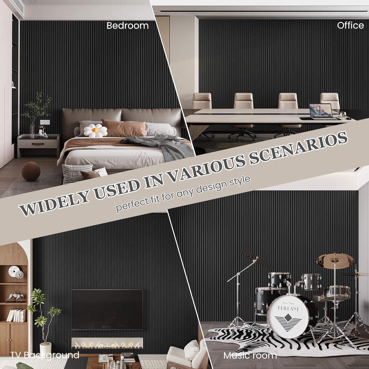 Wood Salt Acoustic Wall Panels, 2 Piece 94" x 23.6" x 0.8" Soundproof Wooden Wall Panels, 3D Fluted Sound Absorbing Panel, Dark Gray