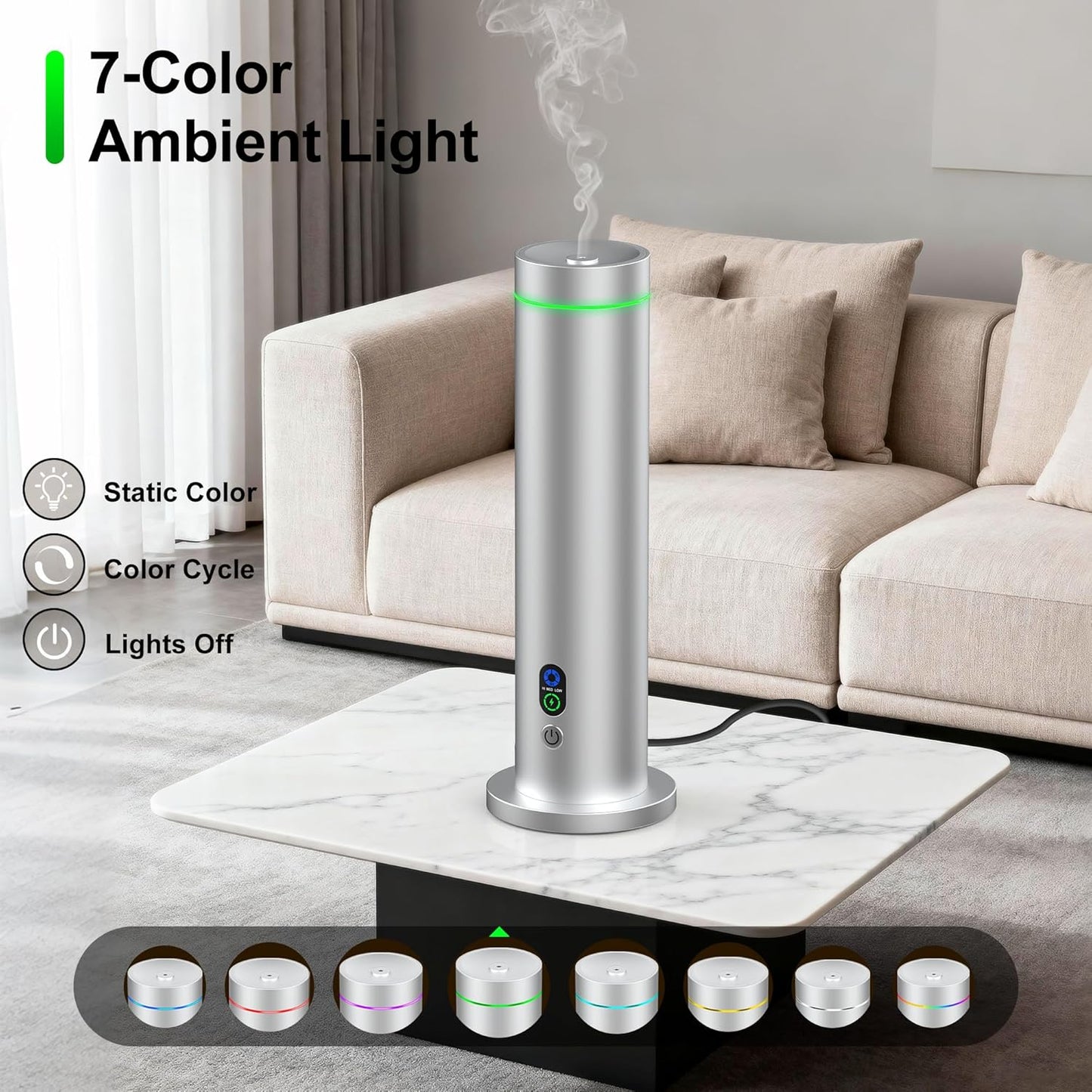 Maromalife Waterless Diffuser, 1000 Sq.Ft Coverage, Essential Oil Diffuser with Tilt-Safe, Remote Control, Adjustable Mist, Mood Lights Aromatherapy Diffuser for Home, Room, Office, Hotel, Silver