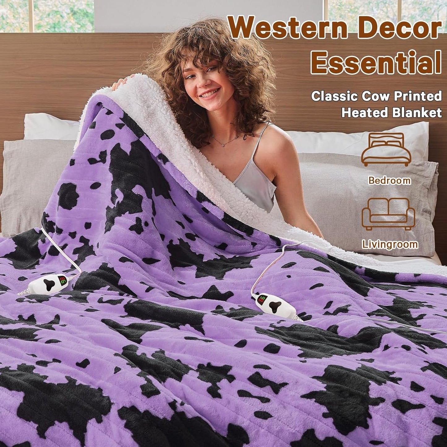 Cow Print Heated Electric Blanket Twin Size,62X84 Purple Heating Blanket with 10 Heats Levels & 8 Hours Auto Off,Highland Cow Fleece Sherpa Blankets Warmer Gifts for Women Adults Couch,Washable