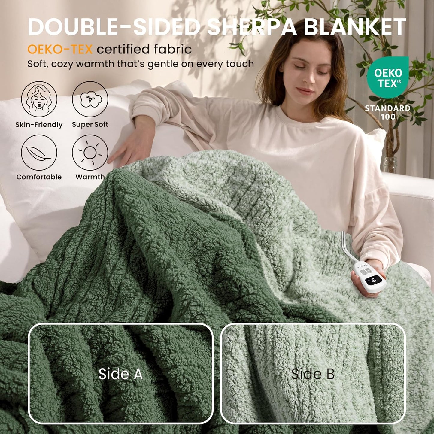 Heated Blanket Electric Blanket Queen - Fast Heating Blanket Throw Dual Control Double Sided Sherpa with 10 Heating Levels & 2-10 Hours Auto Off, Mashine Washable, 84 x 90 Inches, Sage&Green