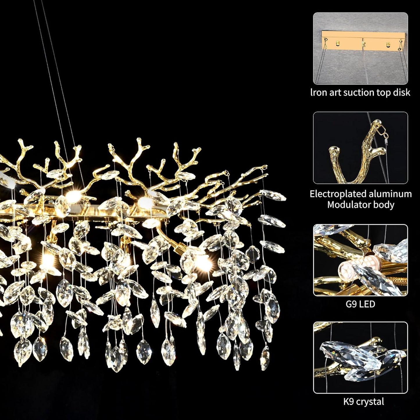 Gold Crystal Chandelier Modern High Ceiling Tree Branch Chandeliers Lighting Luxury Foyer Entryway Staircase Living Room Large Raindrop Large Hanging Pendant Light Fixture