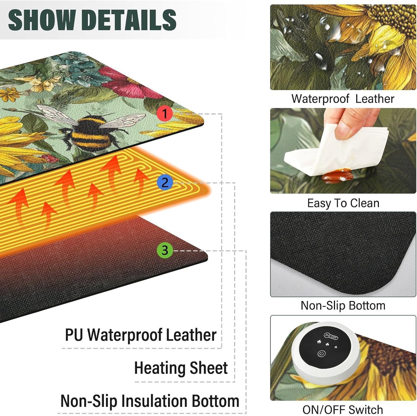 Heated Desk Pad Mouse Pad 31.5x13 Inch PU Leather Desk Mat with 3 Heat Levels Large Mouse Gaming Computer Laptop Mat Bees Sunflowers Leaves Green