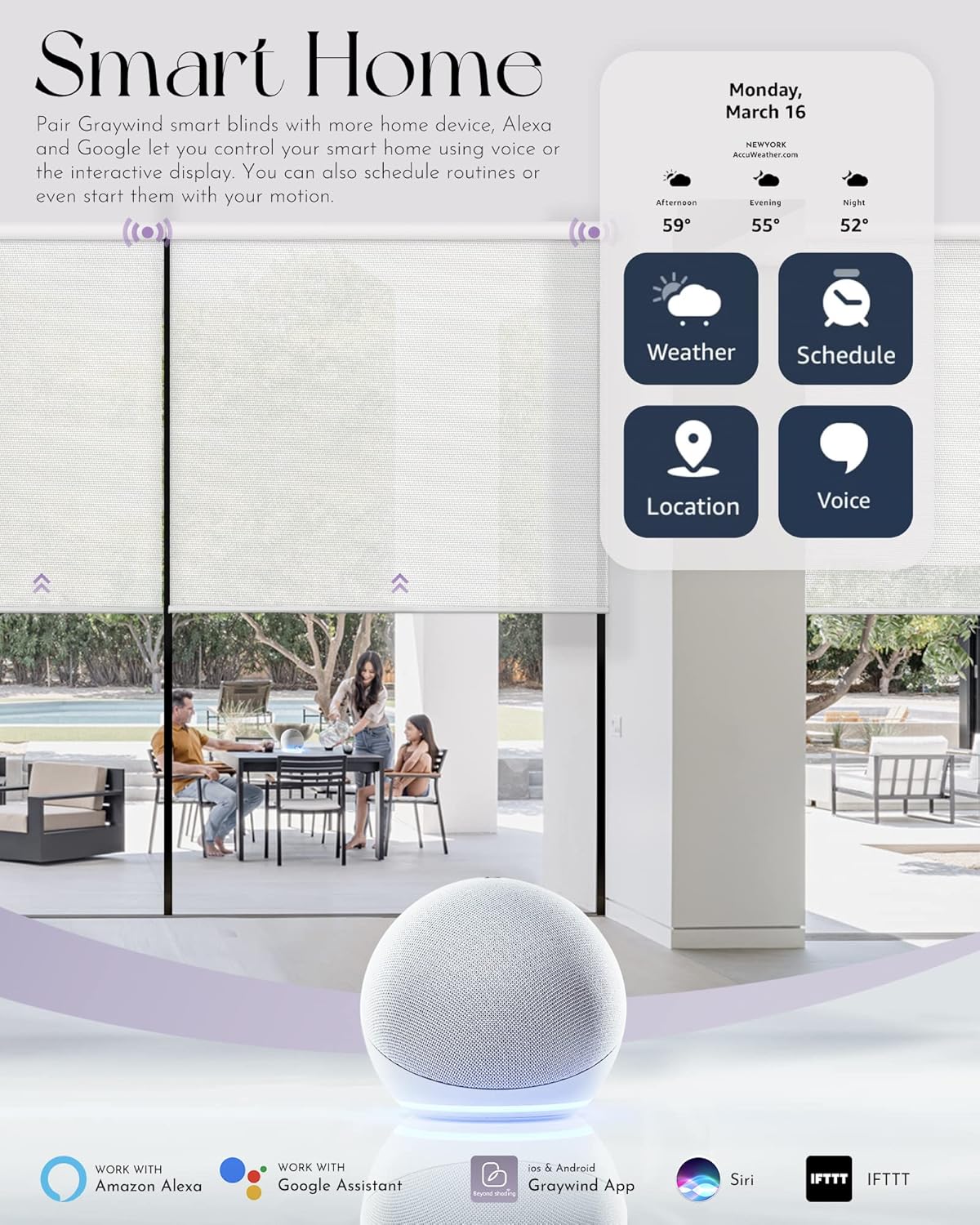 Graywind Motorized Solar Shades Compatible with Alexa Google Hardwired WiFi Smart Light Filtering Blind Remote Control Automated Blinds Electric Window Shade, Custom Size (5% Openness Black)