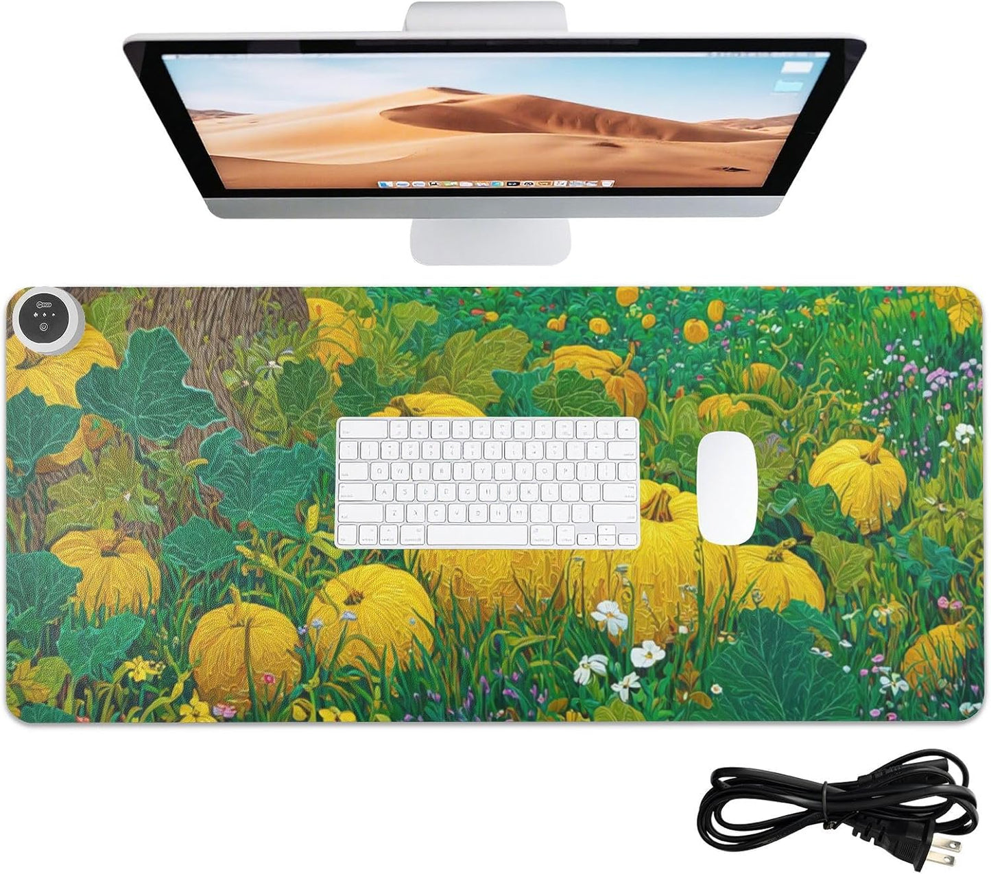 Heated Desk Pad Mouse Pad 31.5x13 Inch PU Leather Desk Mat with 3 Heat Levels Large Mouse Gaming Computer Laptop Mat Yellow Pumpkin Flower Tree