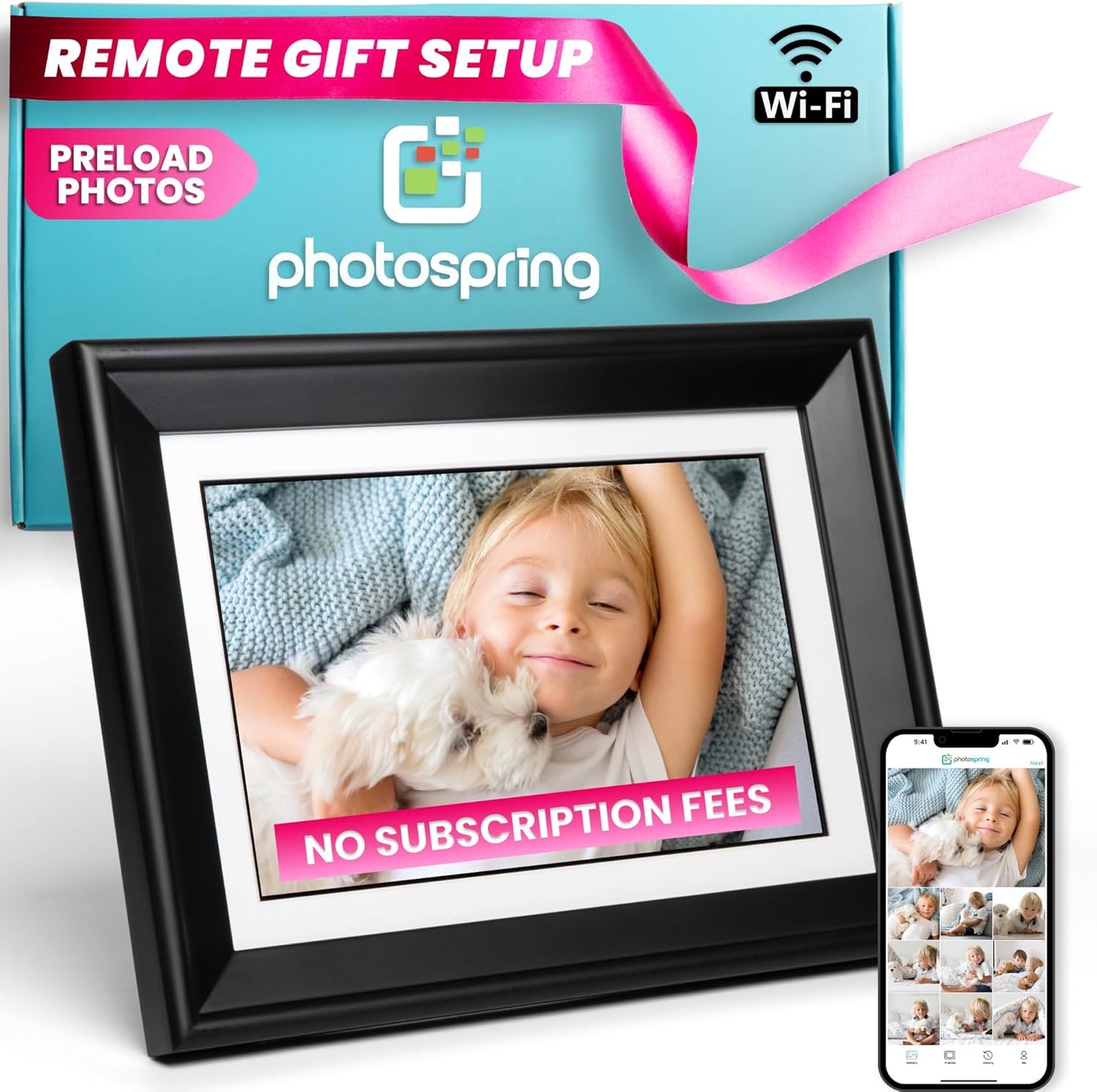 PhotoSpring No Subscription, 10in WiFi Digital Picture Frame, Email App Web, USA Company, 32gb Touch Screen, Play Videos up to 5min