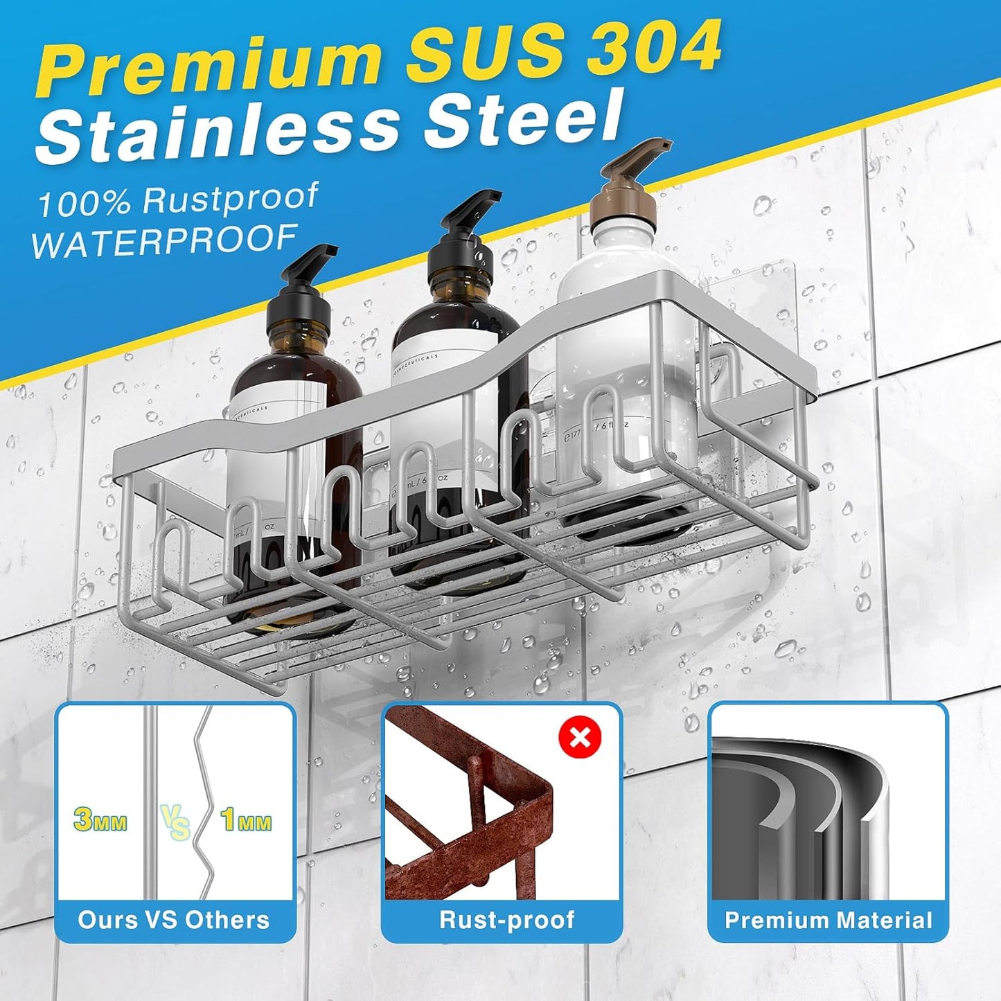 EUDELE 5-Pack Rustproof Stainless Steel Shower Caddy Set– No Drill Adhesive Bathroom Organizer, Space-Saving Shower Shelves for Apartment Essentials, Bathroom/Kitchen Storage Home Decor-L Size