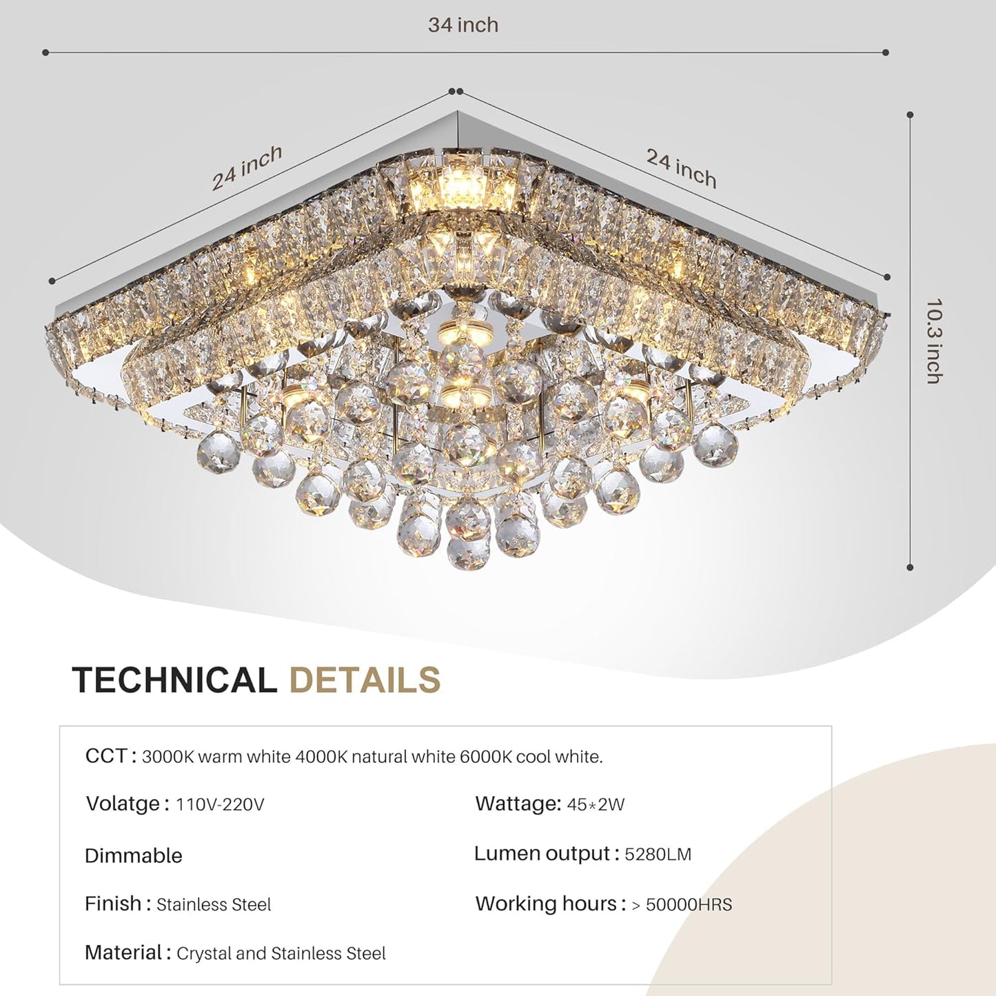 COCOSTAR 24 inch Crystal Flush Mount Chandelier Remote/APP, Modern Raindrop LED Ceiling Light, 3CCT Dimmable & Brightness Adjustable,Elegant Chandeliers for Bedroom Hallway Dinning Room Living Room