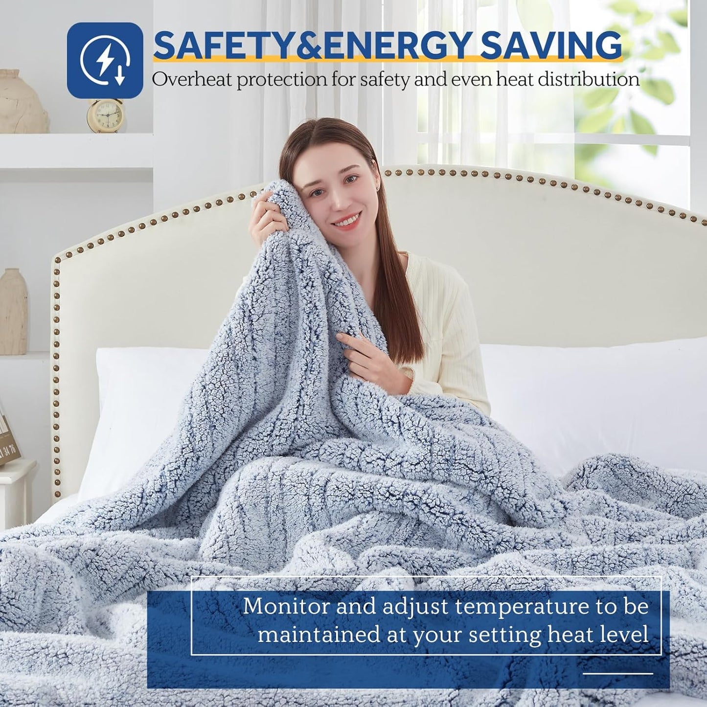 Sealy Electric Blanket Twin Size, Soft Sherpa Heated Blanket Single Control with 10 Heating Levels & 1 to 12 Hours Auto-Off Settings Over-Heated Protection 62"x84" Machine Washable, Blue