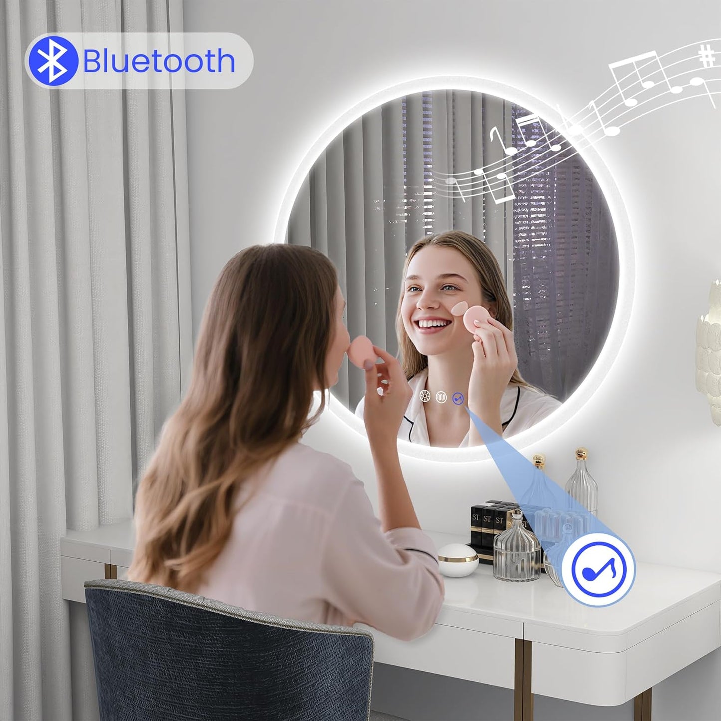 STARLEAD 24" LED-Bathroom-Mirror-with-Lights, Wall-Mounted with Bluetooth Speaker, Anti-Fog, 3 Color Temperature, Dimmable Brightness, Waterproof, Tempered Glass, Frontlit & Backlit, Round