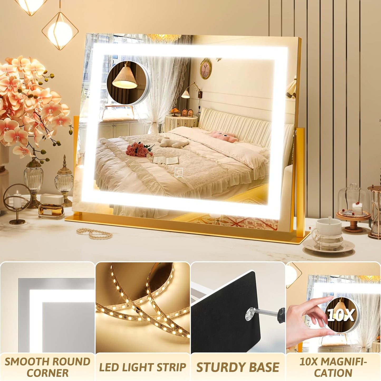 ROLOVE Vanity Mirror with Lights 22"x18", Lighted Makeup Mirror with 10X Magnification, Smart Touch 3 Colors Dimmable, 360° Rotation, Women Gift, Dresser Mount, Bathroom (Gold)