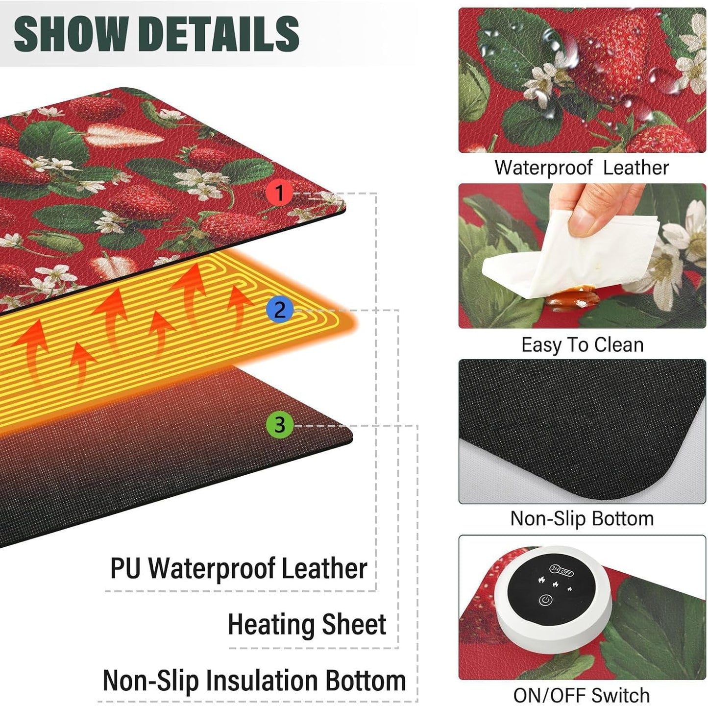Heated Desk Pad Mouse Pad 31.5x13 Inch PU Leather Desk Mat with 3 Heat Levels Large Mouse Gaming Computer Laptop Mat Red Strawberries Flowers