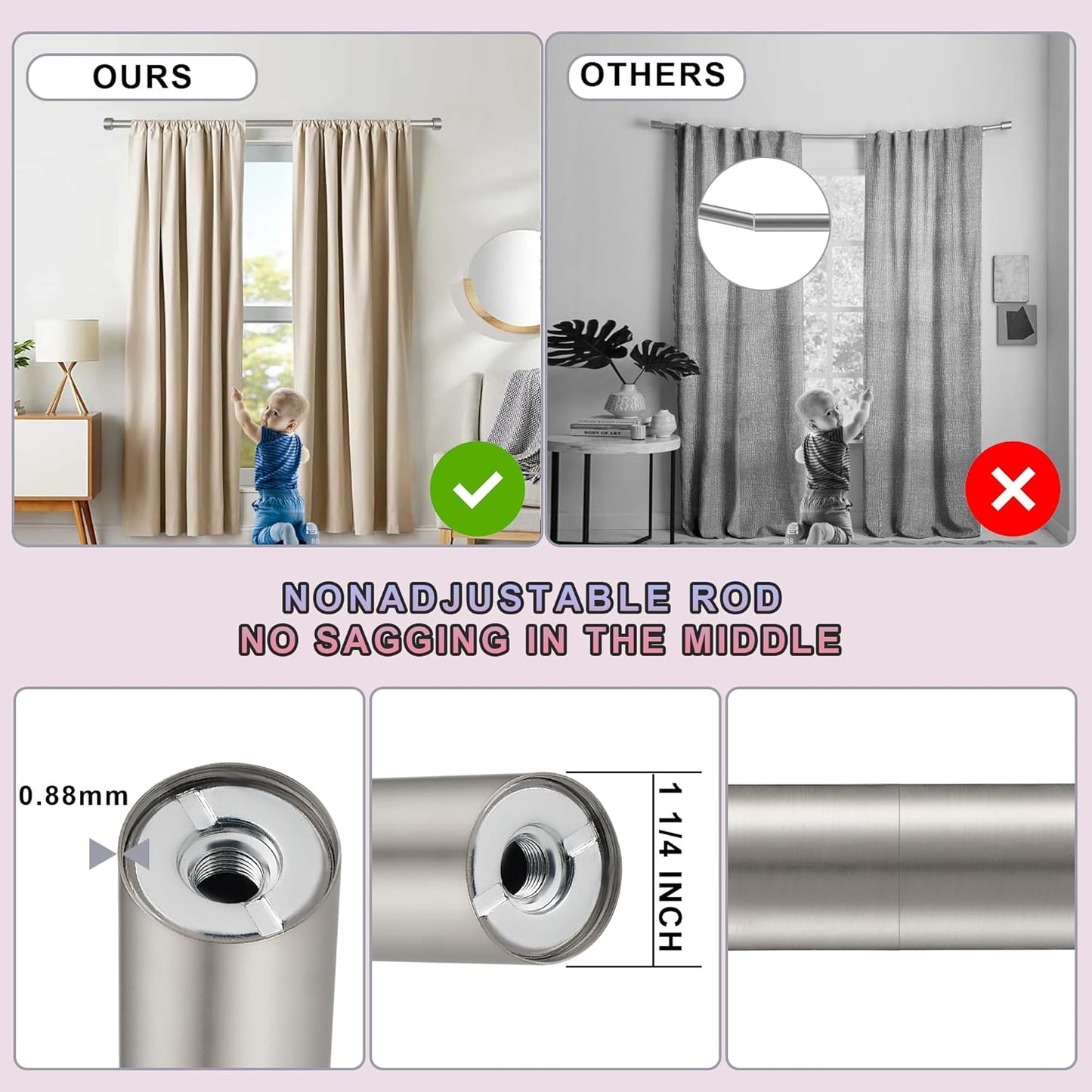 Heavy Duty Curtain Rods,1 1/4" Large Diameter Premium Nonadjustable Curtain Rod,60in/5ft Custom Window Treatment Rods with Durable Aluminum Brackets and End Caps,Brushed Nickel Finish