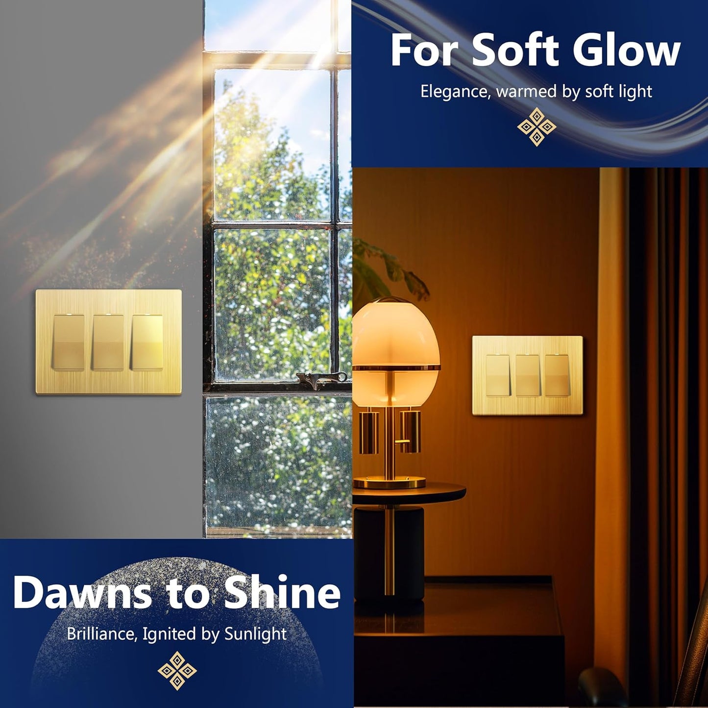 LIDER Brushed Finish Decorator Switch Cover, Screwless Wall Plate, Mid-Size 3-Gang 4.88" x 6.77", Unbreakable Polycarbonate Thermoplastic, UL Listed, LSWP-33M-BGD, Brushed Gold