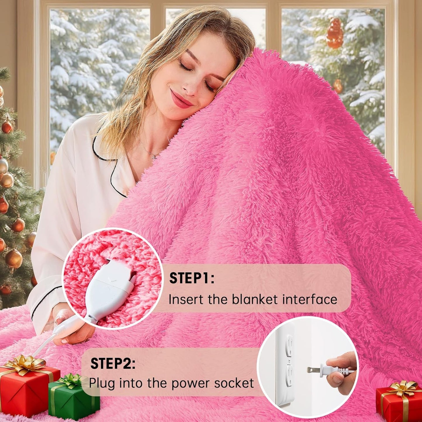 Heated Electric Blanket Throw,Warm Winter Birthday Gifts for Women Her Grandma-Faux Fur with Soft Sherpa,10 Heat Settings,5 Time Settings with Fast Heating, 50x60, Rose Red