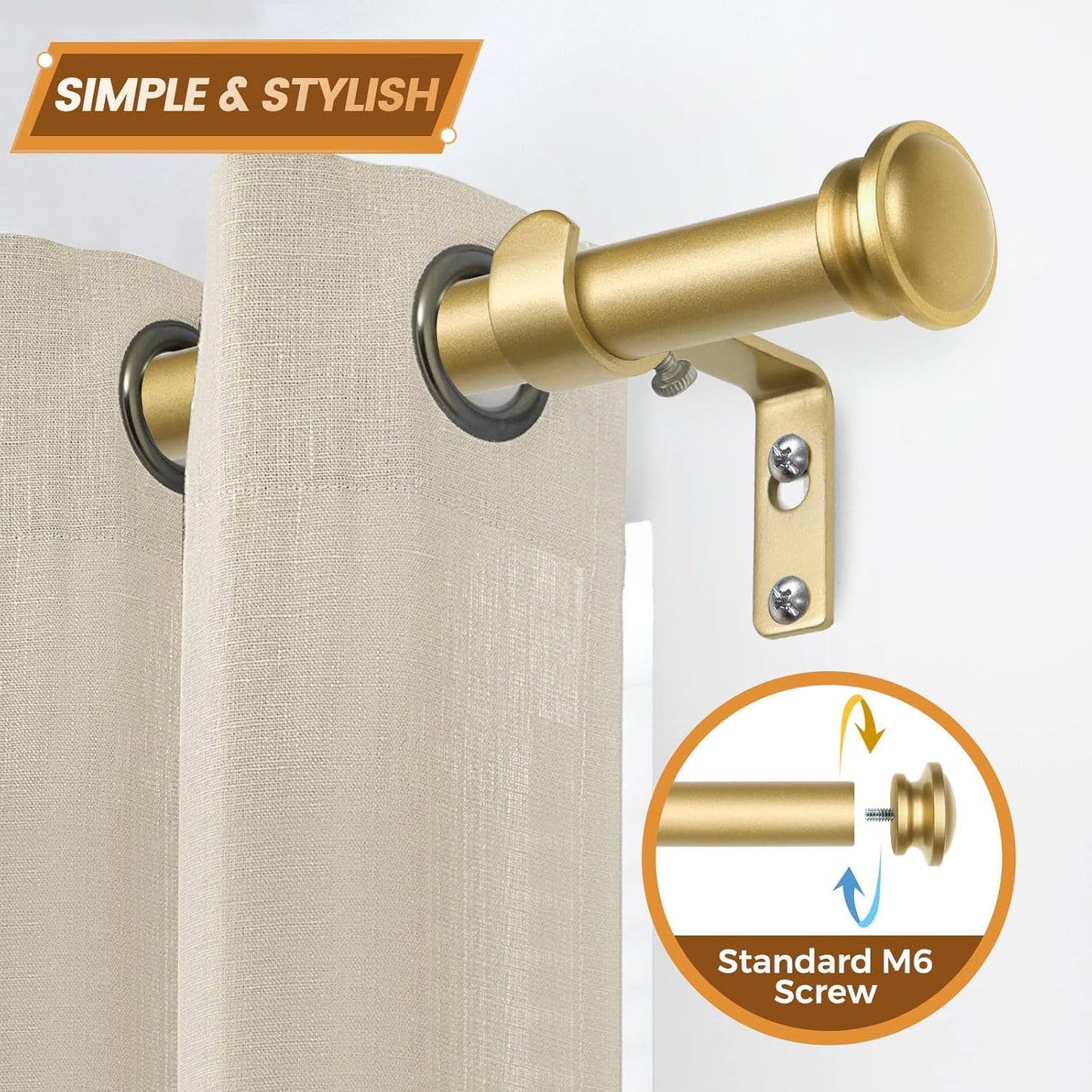 TONIAL Curtain Rod 32 to 115 Inch, Telescoping Splicing 3/4 Drapery Rods for Windows Decorative Single Rod with Small Cap End, Antique Gold