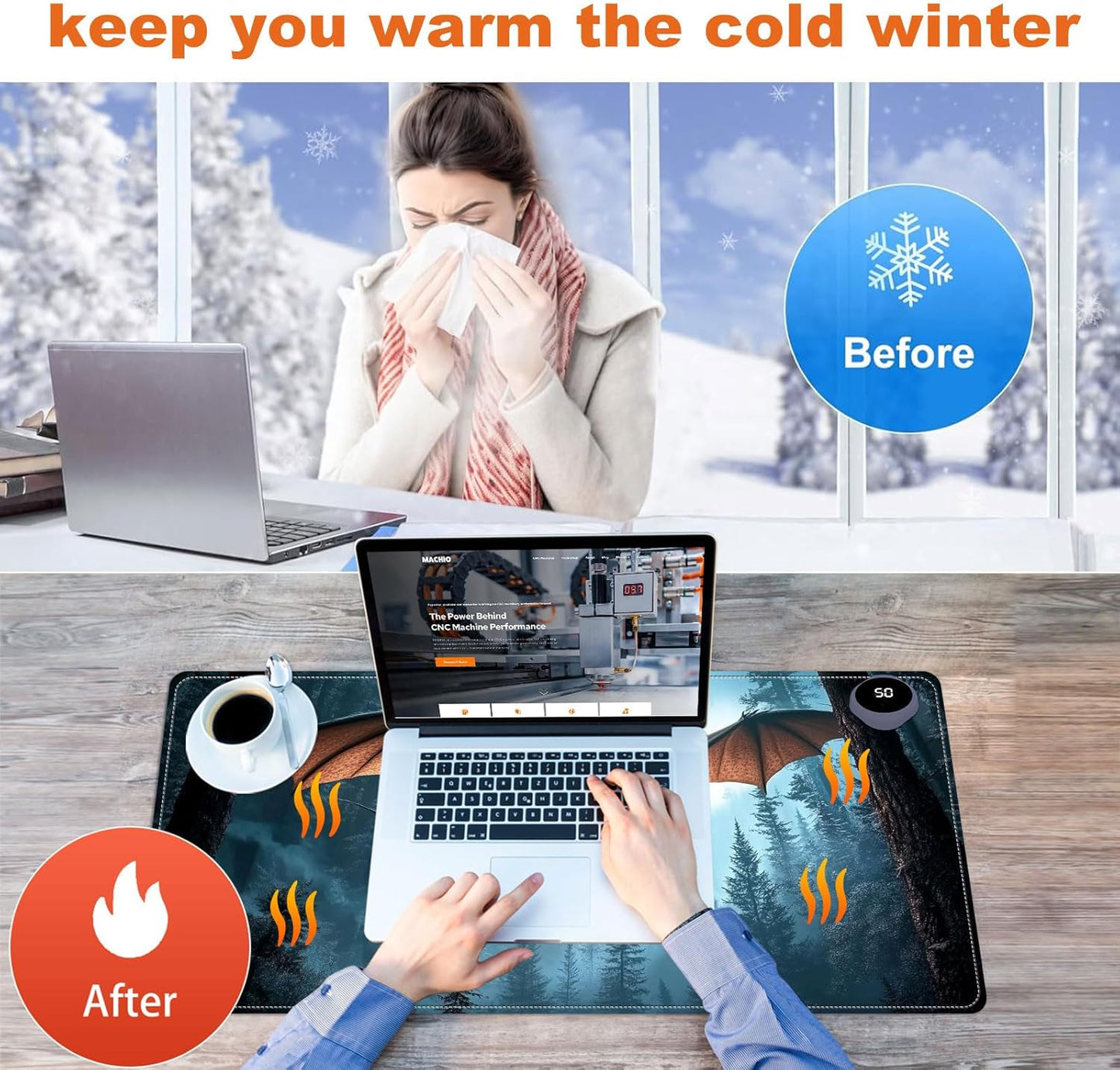 Small Heated Desk Pad 23.6" x 14.2" – Compact Electric Mouse Pad with 3 Heating Levels, Auto Shut-Off, Waterproof PU Surface, Plug-in Warmer for Office or Home Use, Flying Dragon