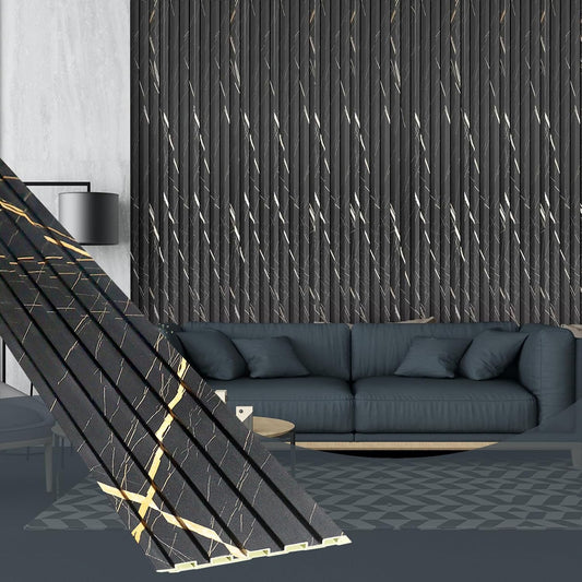 OUZUGIE WPC Acoustic Slat Wall Paneling, 8-Pack 114 x 6 Inches 3D Wall Panels for Interior Wall Decor,Living Room,TV Background,Study Room,Office Spaces,Bedroom,Low Grille (Black Marble)