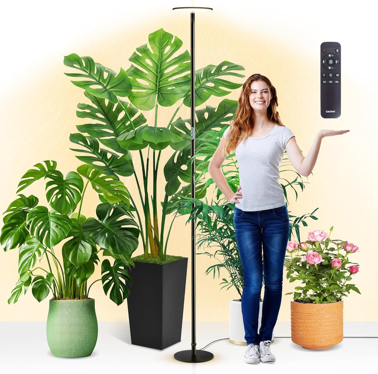 chiphy Grow Lights, 85" Full Spectrum Plant Light for Indoor Plants, 4/8/12H Timer, 40W Grow Lamp, 10 Dimmable Brightness, Height Adjustable, Ideal for Large Tall Plants