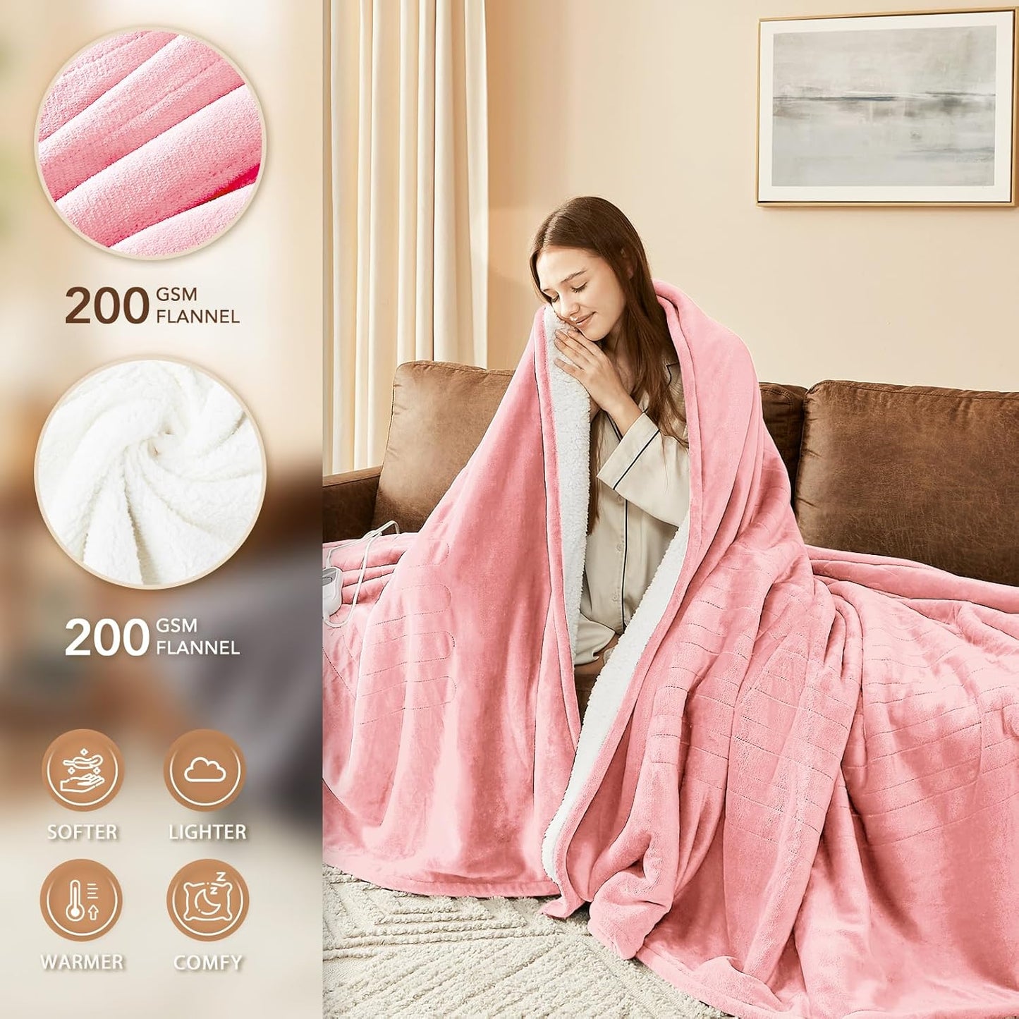Homemate Electric Heated Blanket Queen - 84"x90" Heating Bed Blankets Throw with 10 Heating Levels 8 Hours Auto Off Fast Heating Over-Heated Protection Ultra Soft Warm Flannel ETL Certified Pink