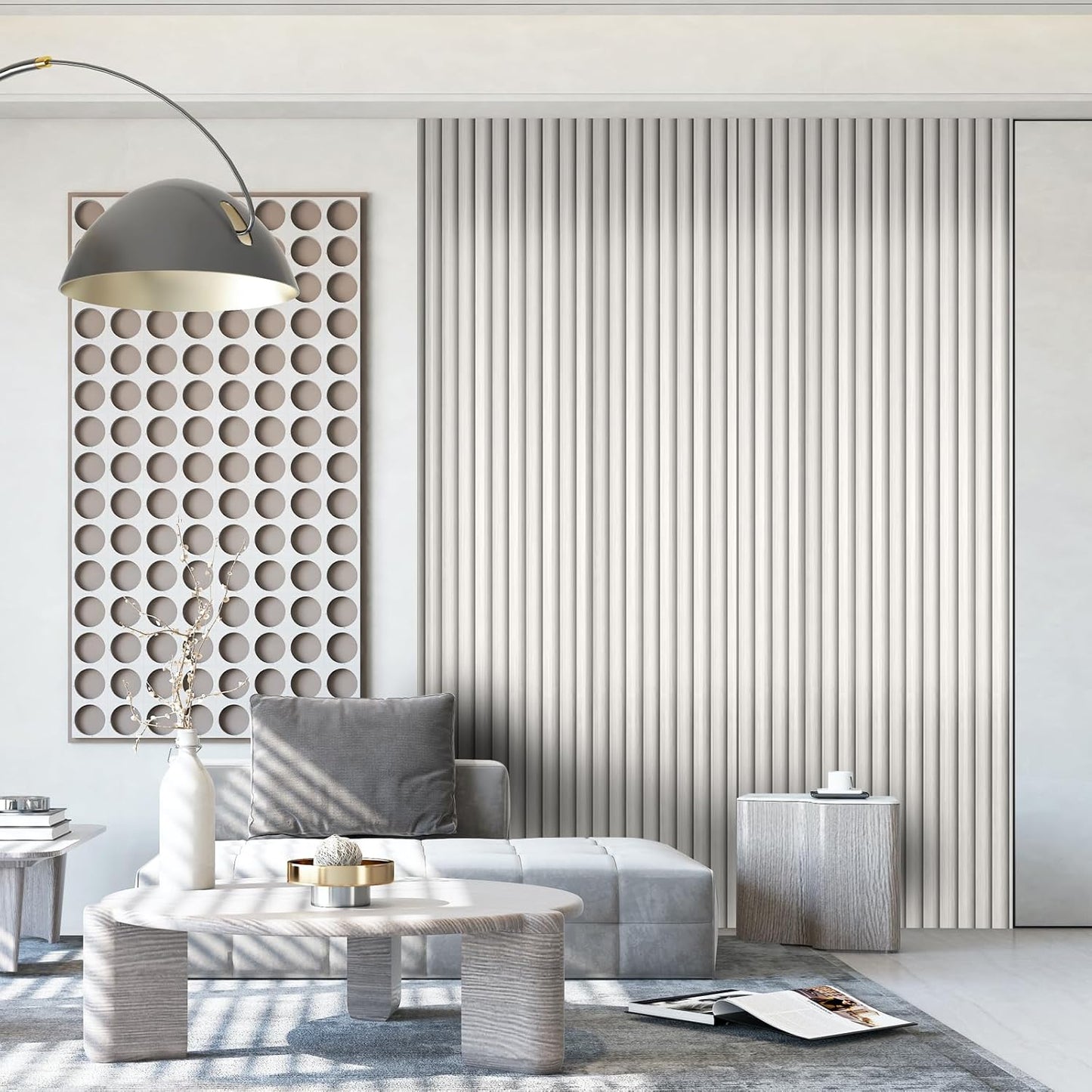 OUZUGIE WPC Acoustic Slat Wall Paneling, 8-Pack 114 x 6 Inches 3D Wall Panels for Interior Wall Decor,Living Room,TV Background,Study Room,Office Spaces,Bedroom,Low Grille (Metallic Silver)