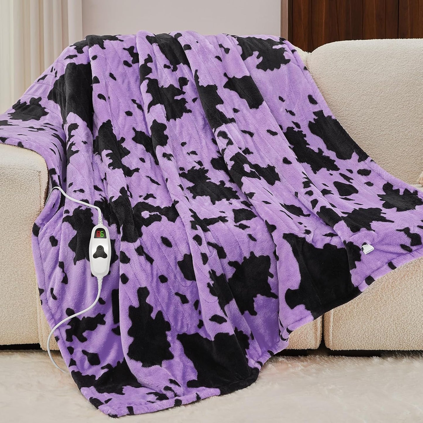 Purple Heated Electric Blanket Throw,50X60 Highland Cow Print Heating Blanket with 10 Heats Levels & 8 Hours Auto Off,Highland Cow Decor Fleece Sherpa Blankets Warmer Gifts for Women Adults Washable