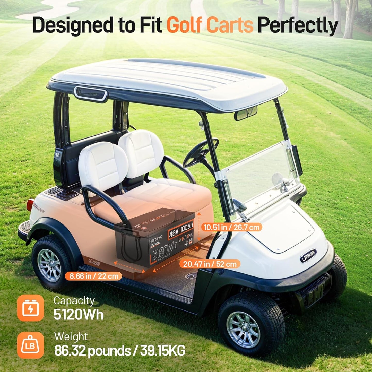 HumsiENK 48V 100Ah Golf Cart LiFePO4 Lithium Battery with Bluetooth Group 8D, 15000+ Deep Cycle Battery, Built-in 200A BMS with Low-Temp Protection Golf Cart Accessories
